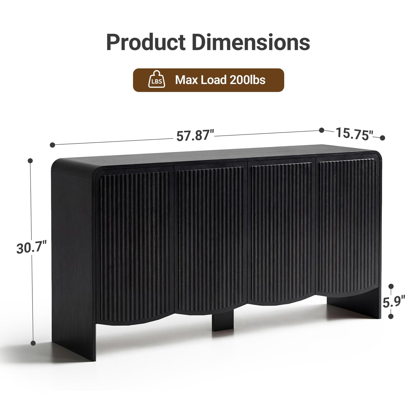 Seang Fluted Sideboard Buffet Cabinet with Storage,58" Modern Sideboard Cabinet with Curved Design & Adjustable Shelves,Wood Console Table for Living Room,Entryway,Kitchen,Black
