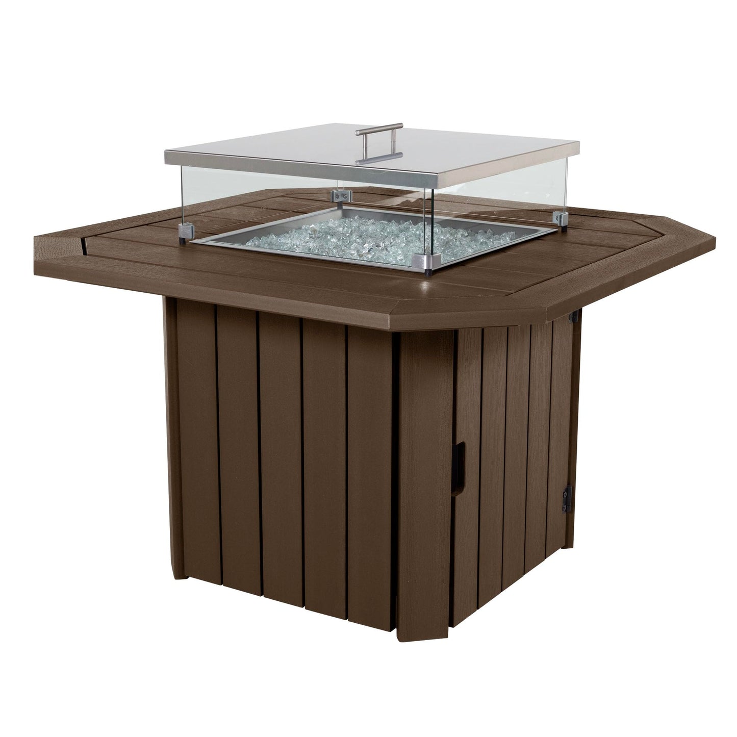 Oasis 5-Piece Conversation Set with Fire Pit Table, 4 Italica Modern Adirondack Chairs and 40” Fire Pit Table with Glass Wind Guard and Rain Cover, Weathered Acorn