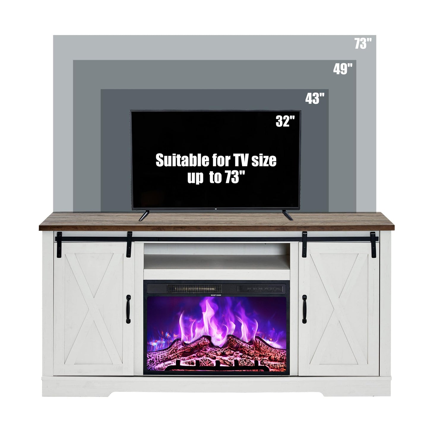 AMERLIFE Fireplace TV Stand with Sliding Barn Door for TVs up to 73", Farmhouse 63" Fireplace Entertainment Center with Storage Cabinets/Adjustable Shelves, Distressed White & Barnwood