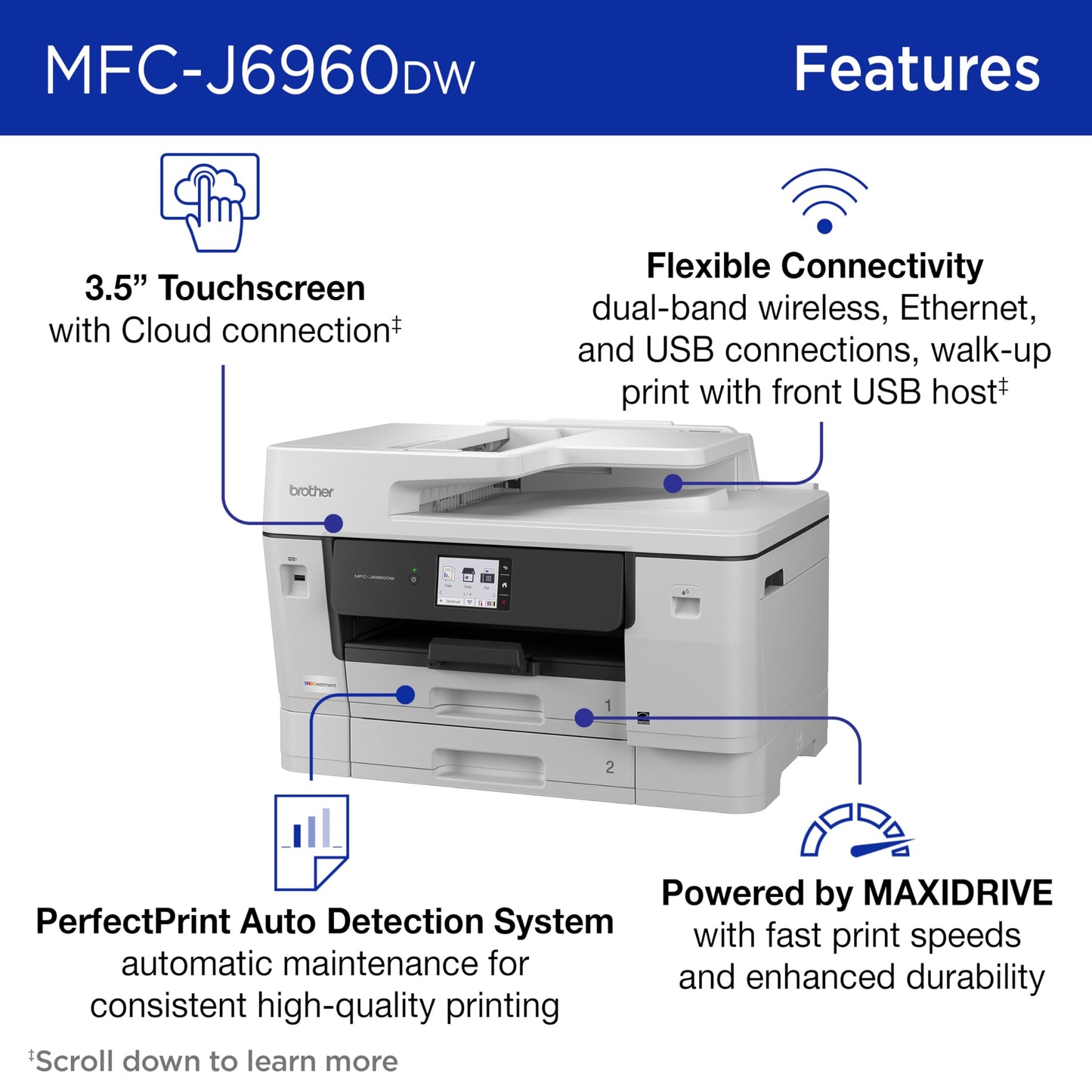 Brother INKvestment 6960 Wireless Color Inkjet All-in-One Printer with 11”x17” Capabilities and 3.5” Color Touchscreen | Includes Refresh Subscription Trial(1) (MFC-J6960DW)