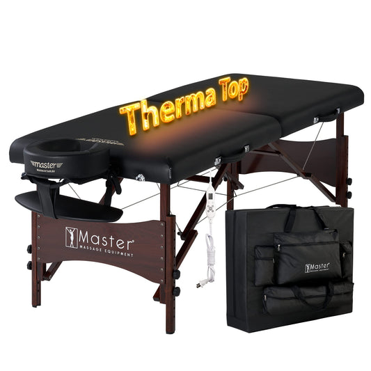 Master Massage 30" Roma II Therma-Top Heated Portable Massage Table, Spa Beauty Bed with Adjustable Heat, Face Pillow & Carry Case – Black