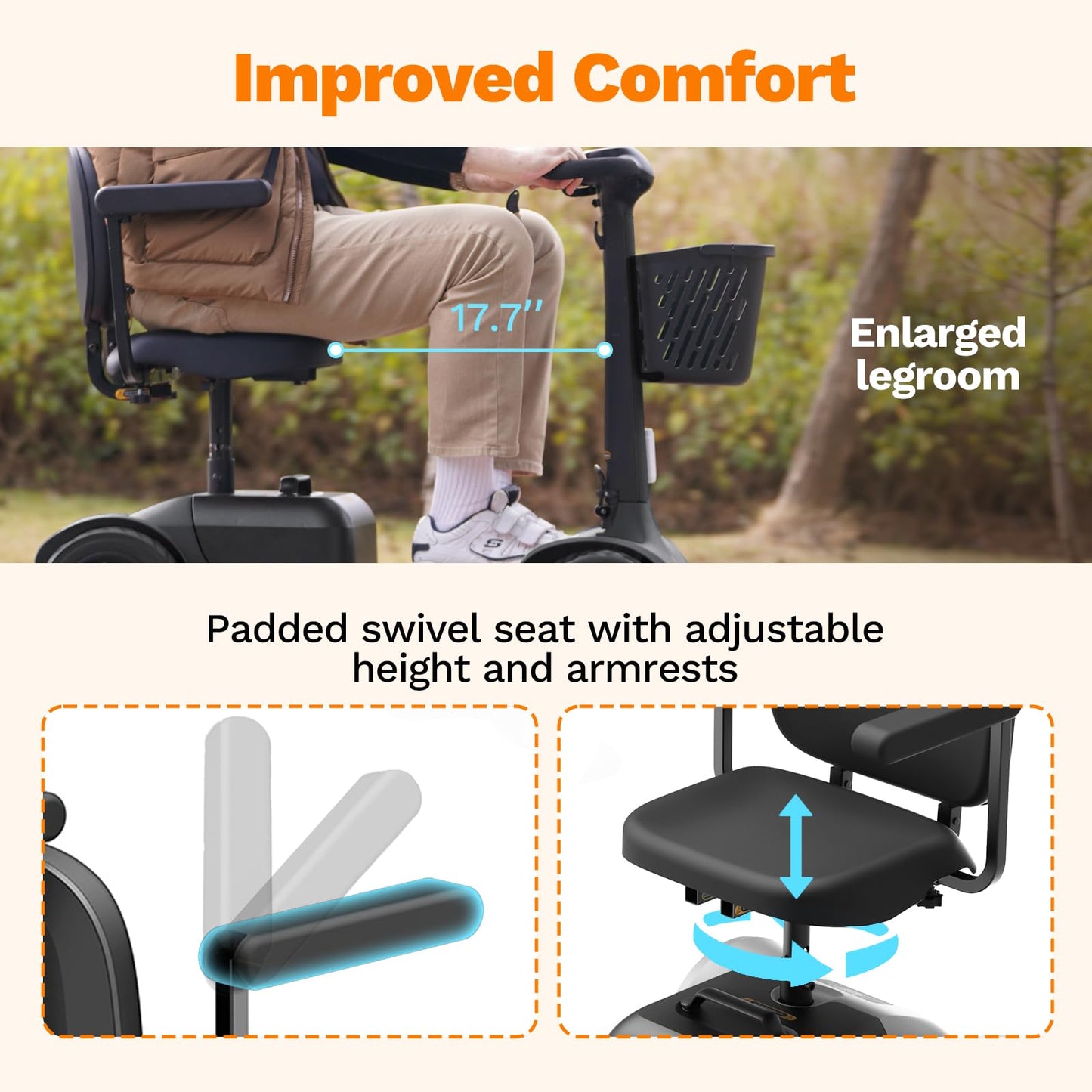 Glashow S1 Mobility Scooter for Adults, 4-Wheel Electric Mobility Scooter – 25-Mile Range, 6 mph, Smart Safety Features, Spacious Legroom, Swivel Seat, Headlight & Basket, Charger Included – Dark Gray