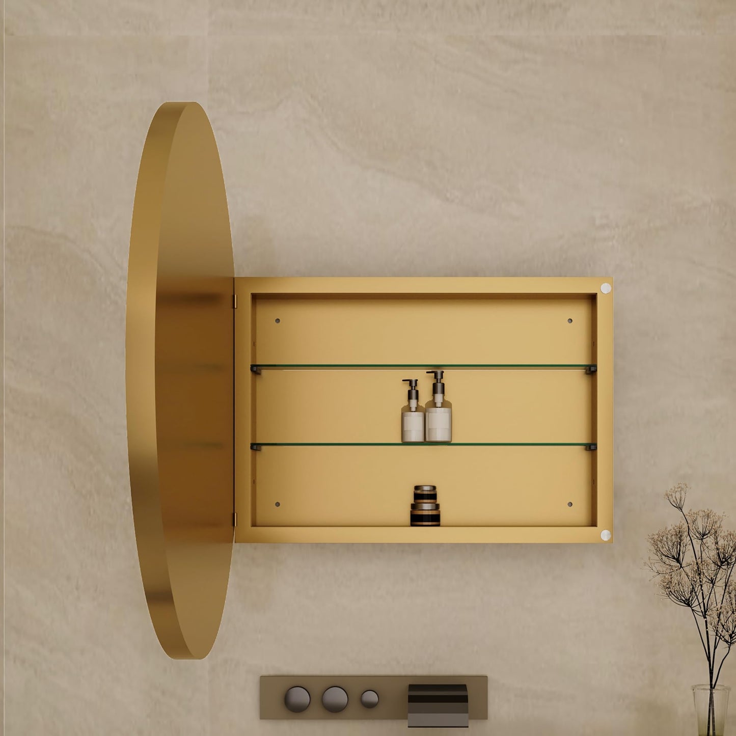 ApilithHive 31.5 Inch Round Gold Metal Framed Medicine Cabinet with Mirror, Adjustable Tempered Glass Shelves, Surface Mount, Modern Bathroom Wall Storage