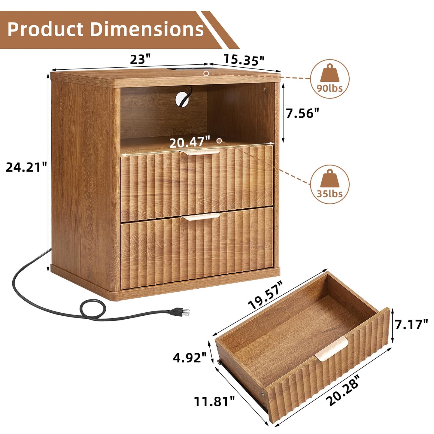 LEYAOYAO Fluted Farmhouse Nightstand Set of 2 with Charging Station, 23" Wide 2 Drawers End Table,Brown Dresser for Bedroom,Bed Side Table Chest of Drawers Cabinet,Wood Night Stand for Living Room