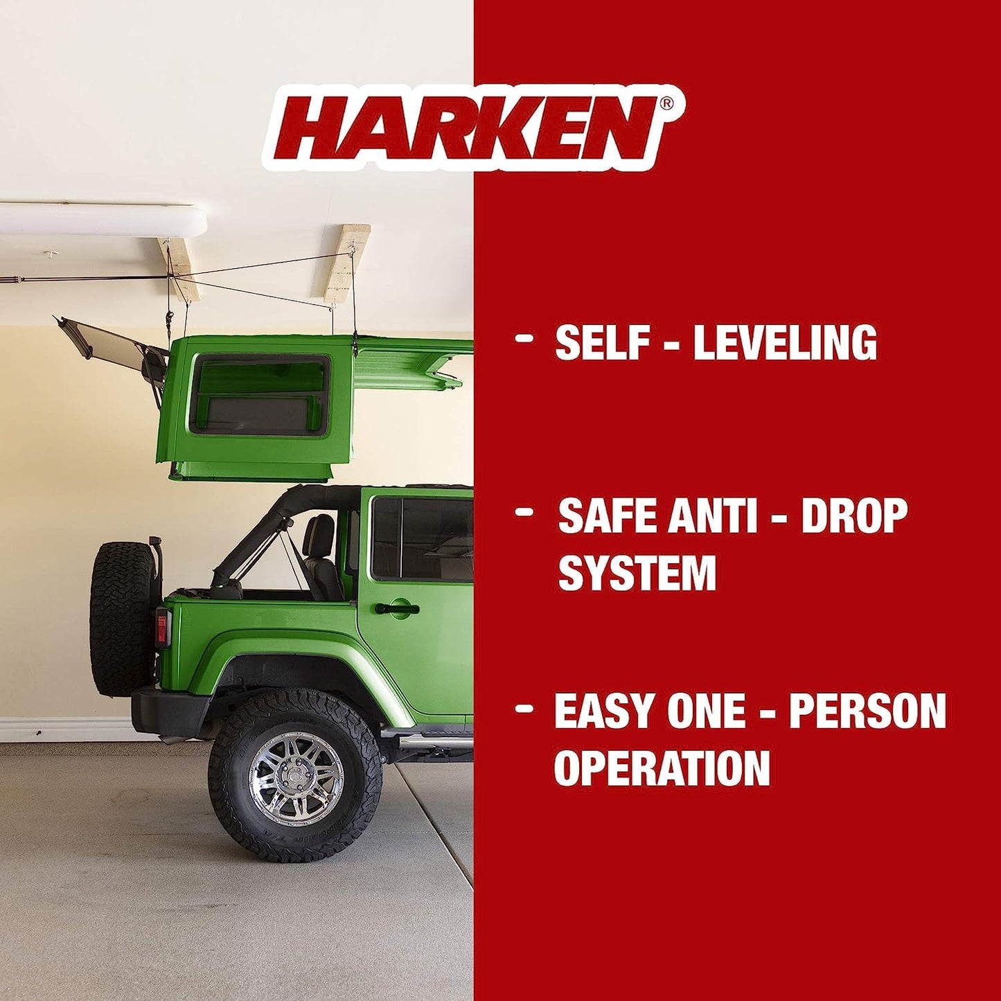 HARKEN - Jeep Hardtop Overhead Garage Storage Hoist for Jeep Wrangler, Gladiator, Ford Bronco, Self-Leveling, Safe Anti-Drop System, Easy One-Person Operation, 45-145lb Capacity - 7803.12JEEP6T
