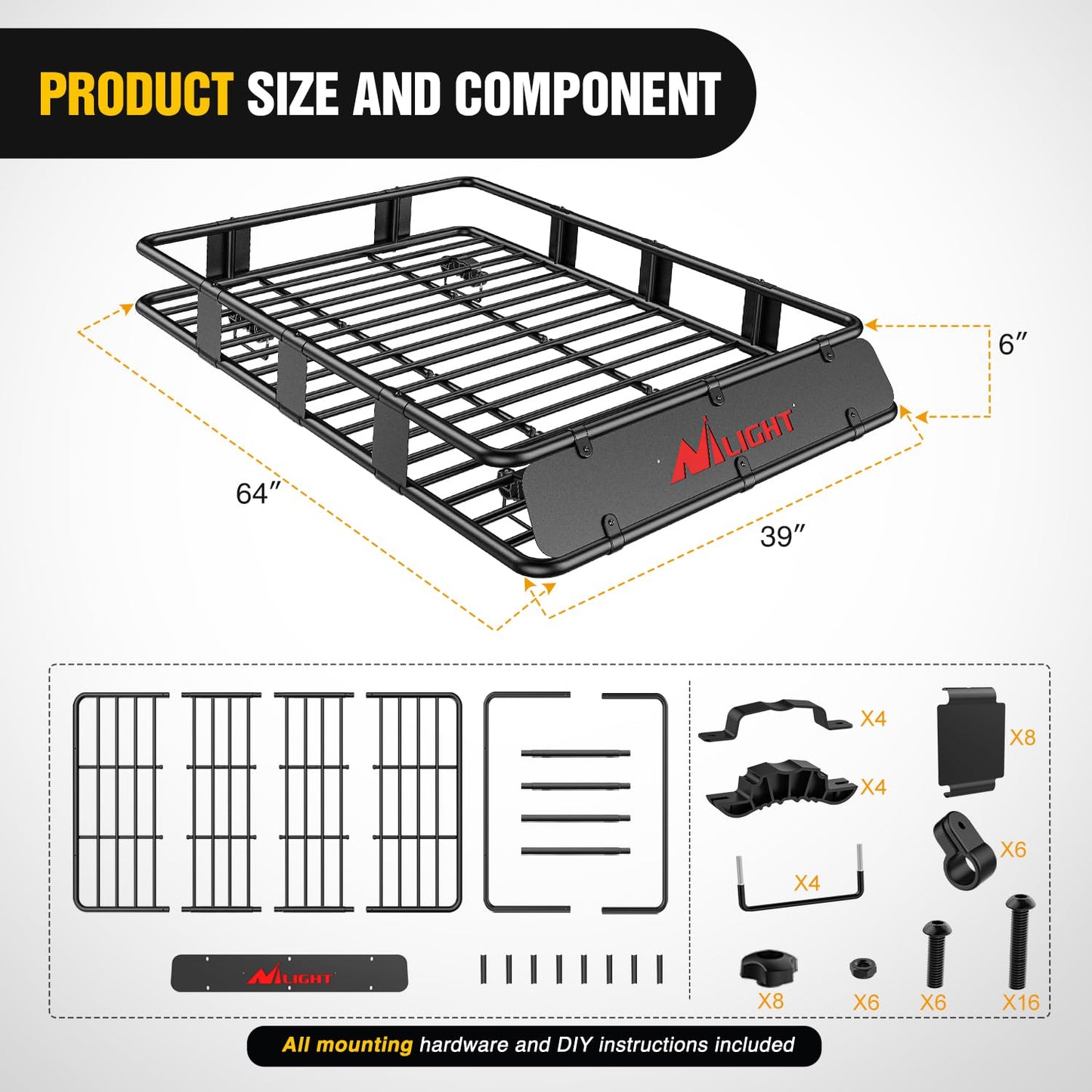 Nilight 64" x 39" x 6" Universal Roof Rack Cargo Basket Heavy-Duty 250LBS Capacity Rooftop Carrier Luggage Holder & Soft Waterproof|Cargo Bag|Net|Ratchet Straps for SUV Truck Vehicle