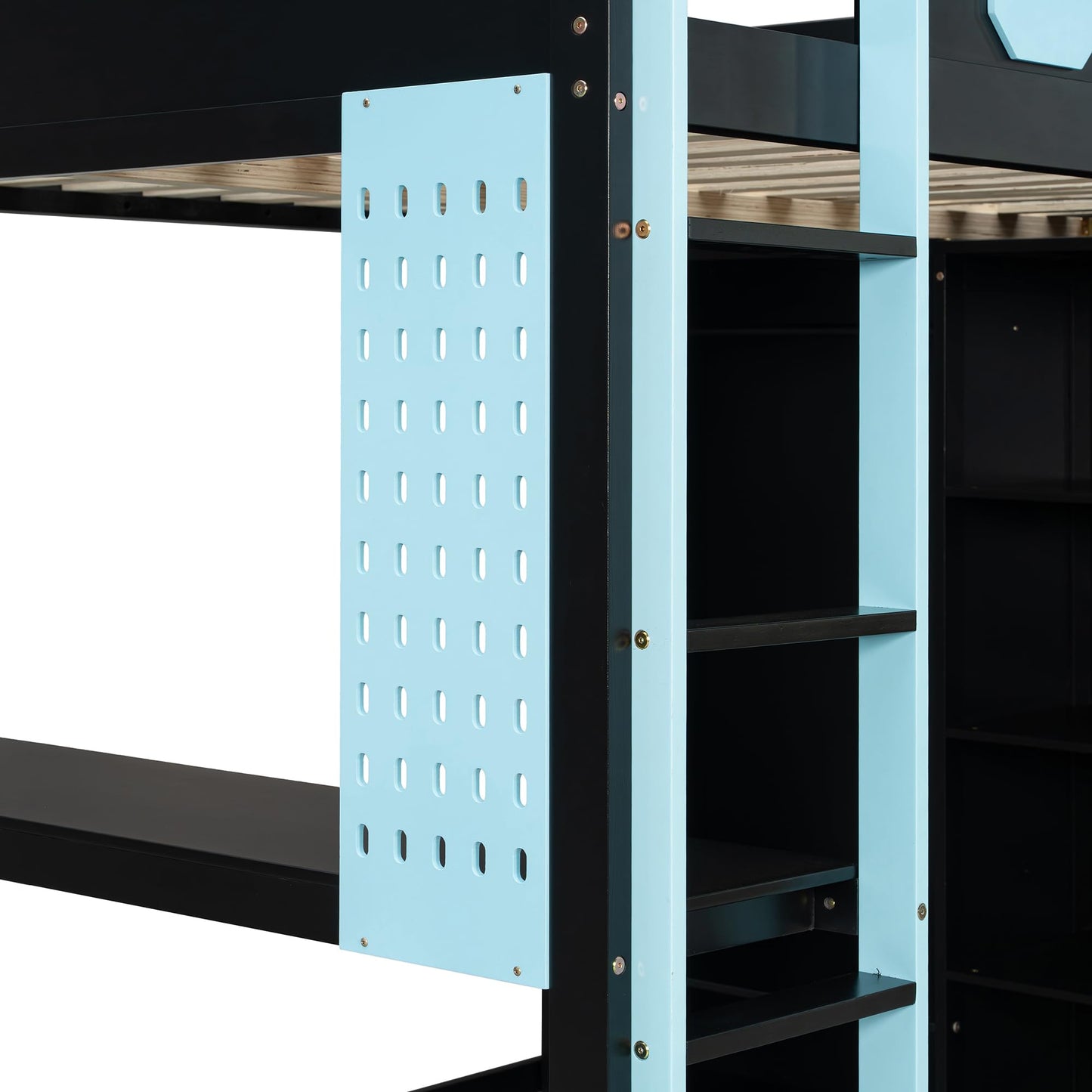 Merax Full Size Loft Bed with Desk and Open Wardrobe, Wooden Gaming Loft Bed Frmae with Light and Charging Station, Space-Saving Bed with Safety Guardrail, No Box Spring Needed, Blue
