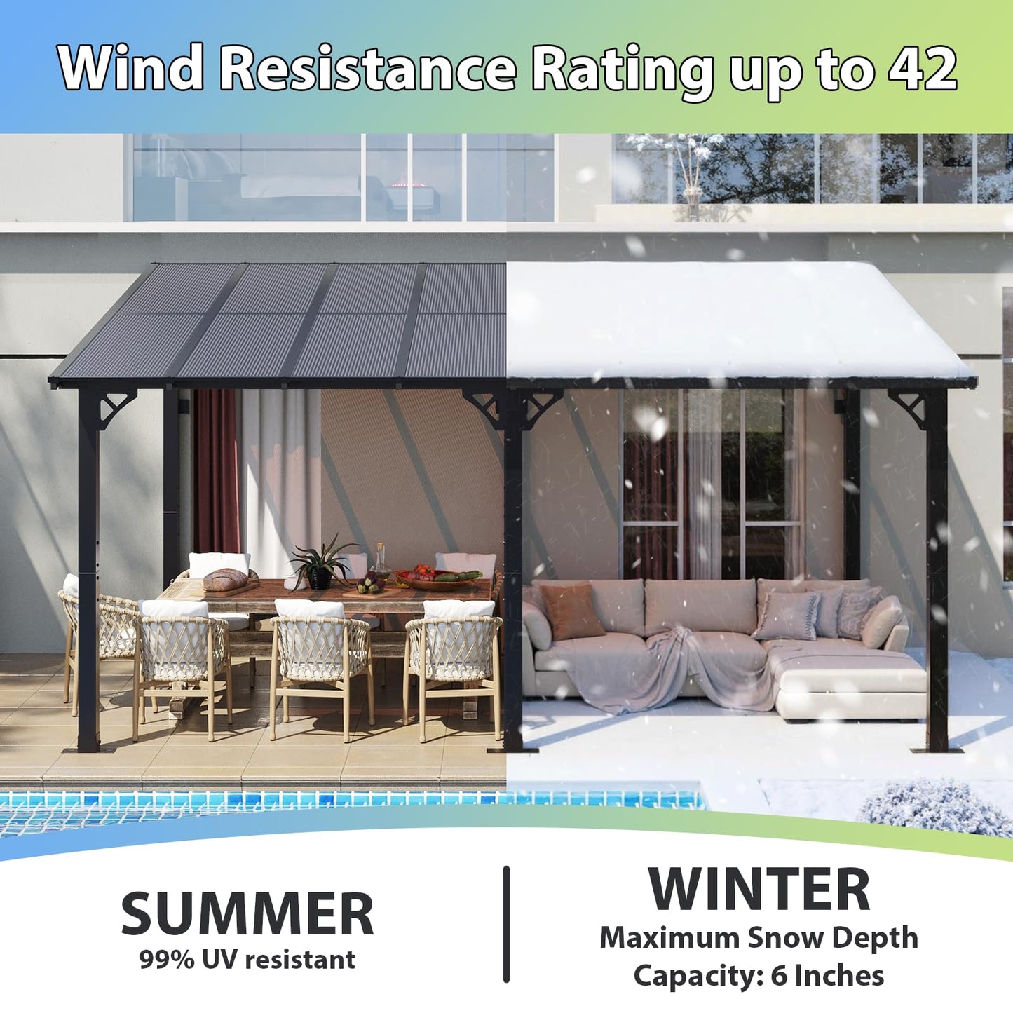 Aoxun 16'x 10' Premium Gazebo with Aluminum Top Frame & Polycarbonate Panel, Wall Mounted Gazebos Pergola, Outdoor Patio Lean to Gazebo, Awnings with Sloped Roof, for Backyard, Porch, Deck