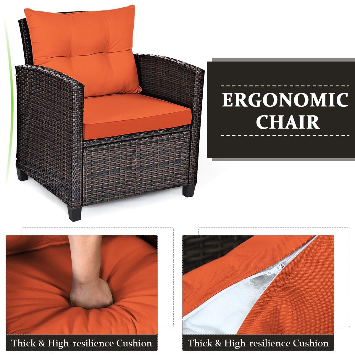 COSTWAY 3PCS Patio Furniture Set, PE Rattan Wicker Sofa w/Washable Cushion and Coffee Table, Tempered Glass Tabletop, Outdoor Conversation Set for Balcony, Porch, Yard, Backyard, Lawn (Orange)