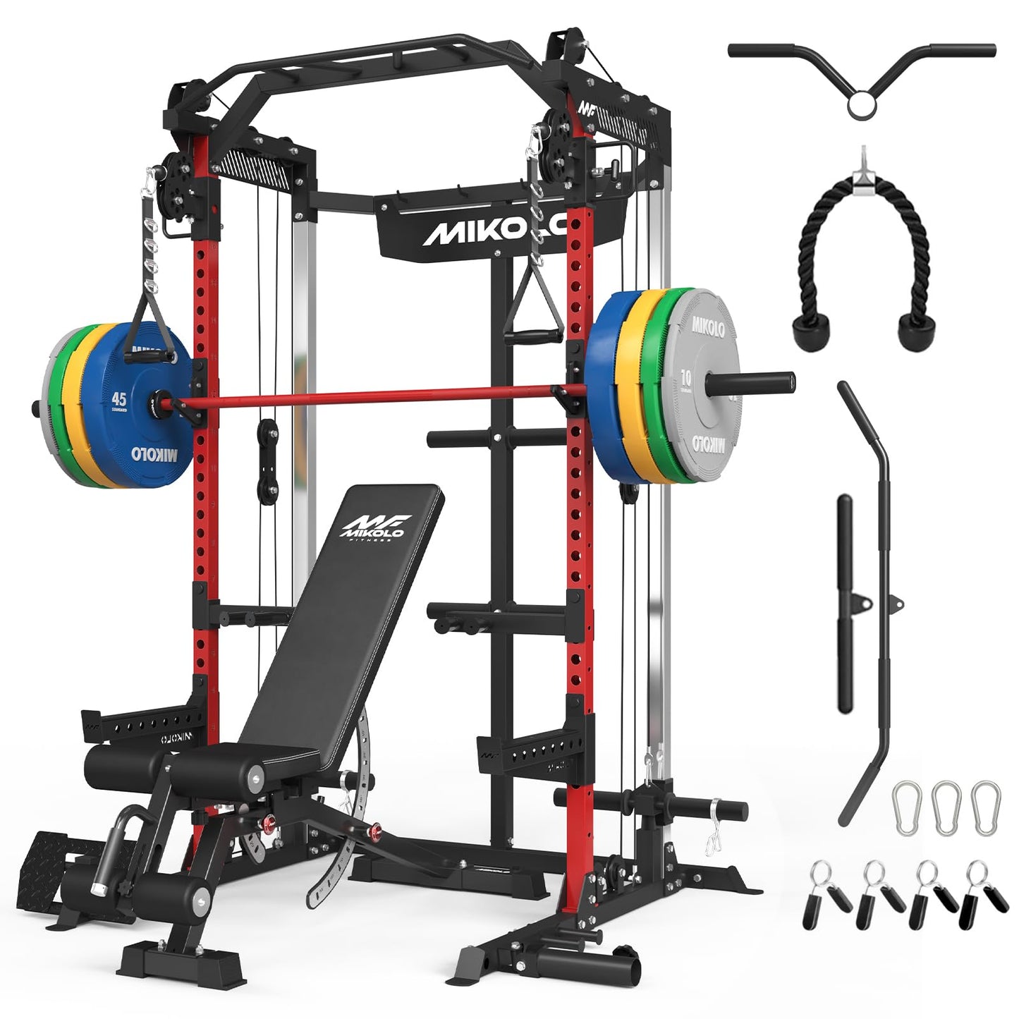 Mikolo Power Cage, 2000LB Power Rack with Independent Dual Pulley System, Multi-Function Home Gym Workout Machine for Cable Crossover and Squat(Red Package)