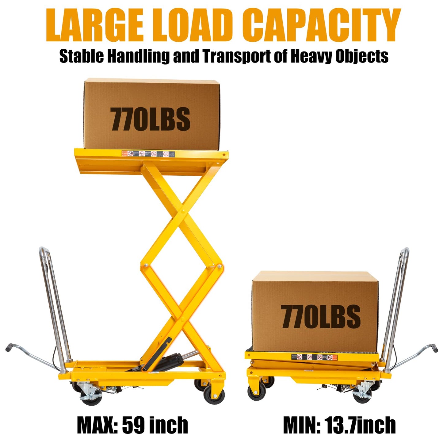 Hydraulic Lift Table Cart, 770lbs Capacity 59'' Max Lift, Double Scissor Lift Table w/4 Wheels & Non-Slip Pad, Heavy Duty Hydraulic Platform Lift Cart for Warehouse, Shop, Garage Material Handling