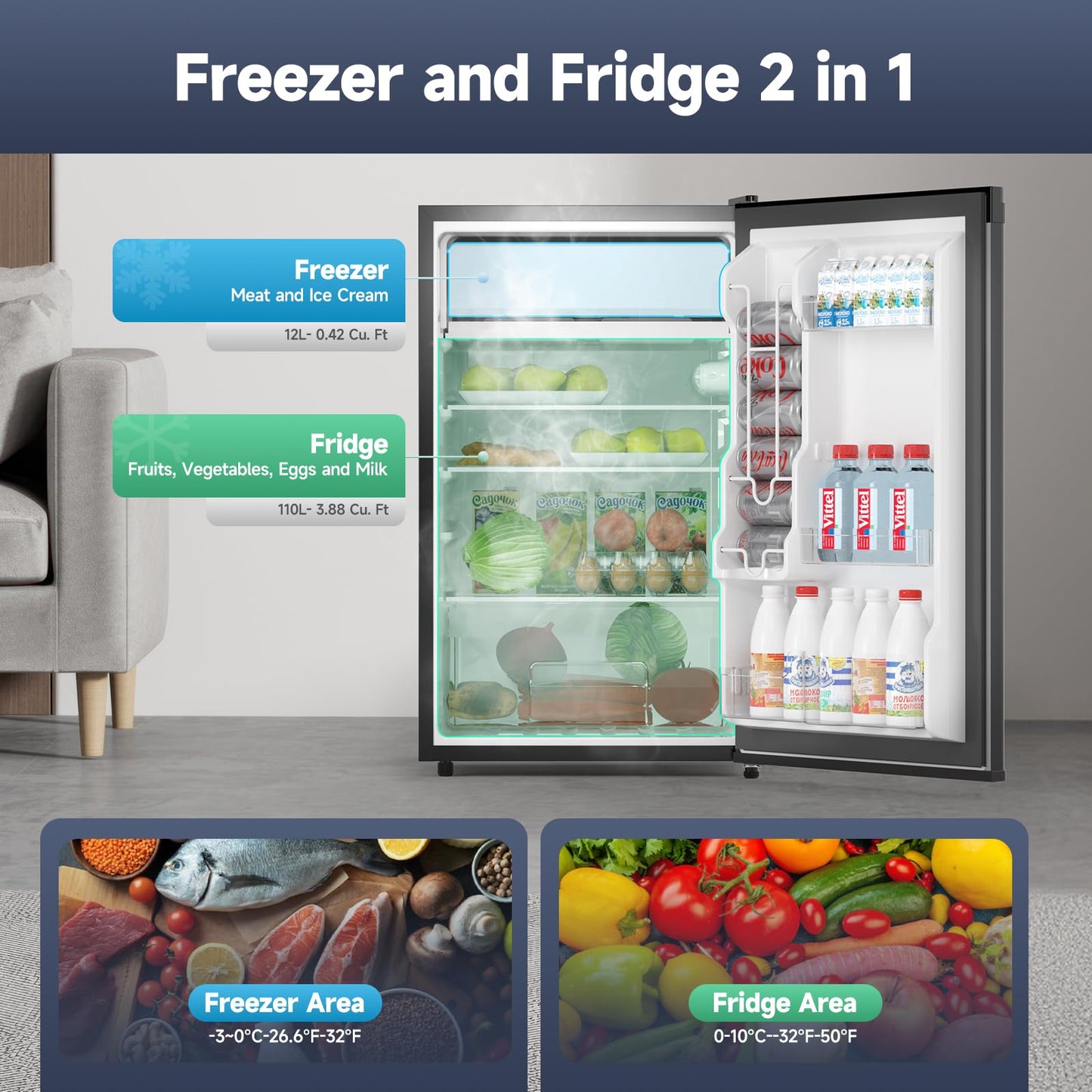 GarveeLife Mini Fridge with Freezer 4.3 Cu.Ft, Single Door Refrigerator with Adjustable Thermostat, Mini Compact Fridge for Bedroom, Office, Dorm, RV, Black