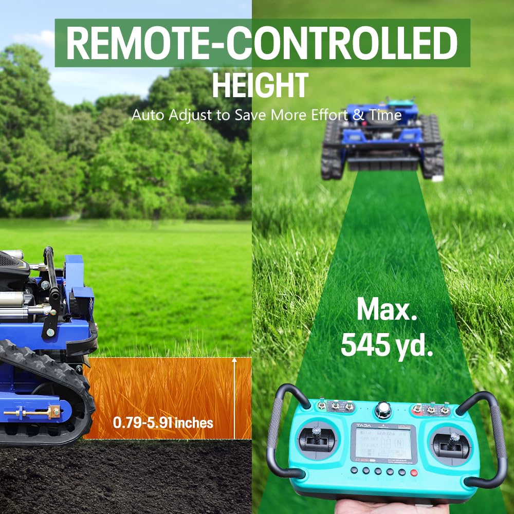 Remote Control Lawn Mower–700m Range, Hybrid Gas-Electric Power, Track Design, All-Terrain, Adjustable Cutting Height (0.79-5.9 inches)