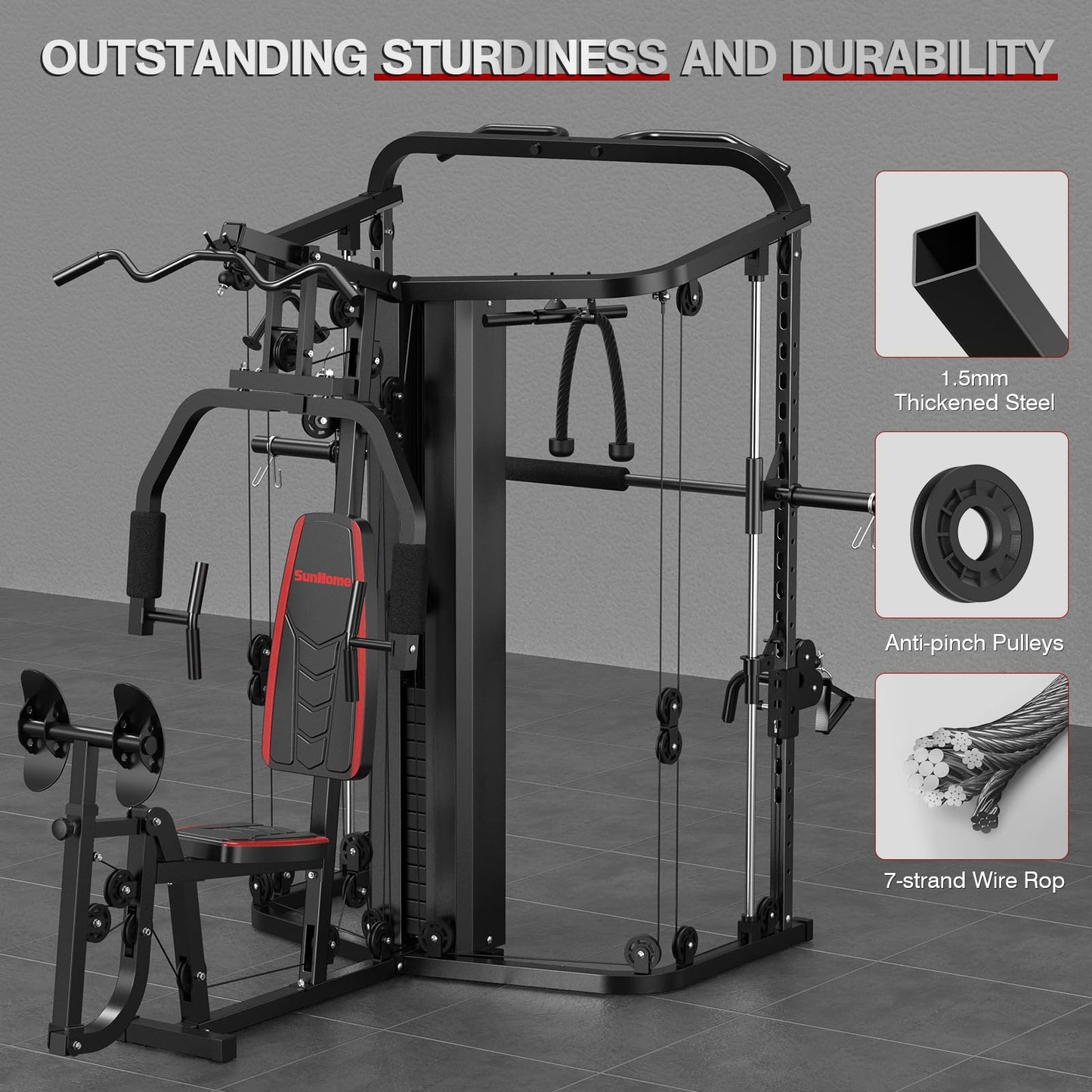 SunHome Multifunction Home Gym Equipment Workout Station, Smith Machine with 138LB Weight Stack, Leg Press, LAT Station for Full Body Training