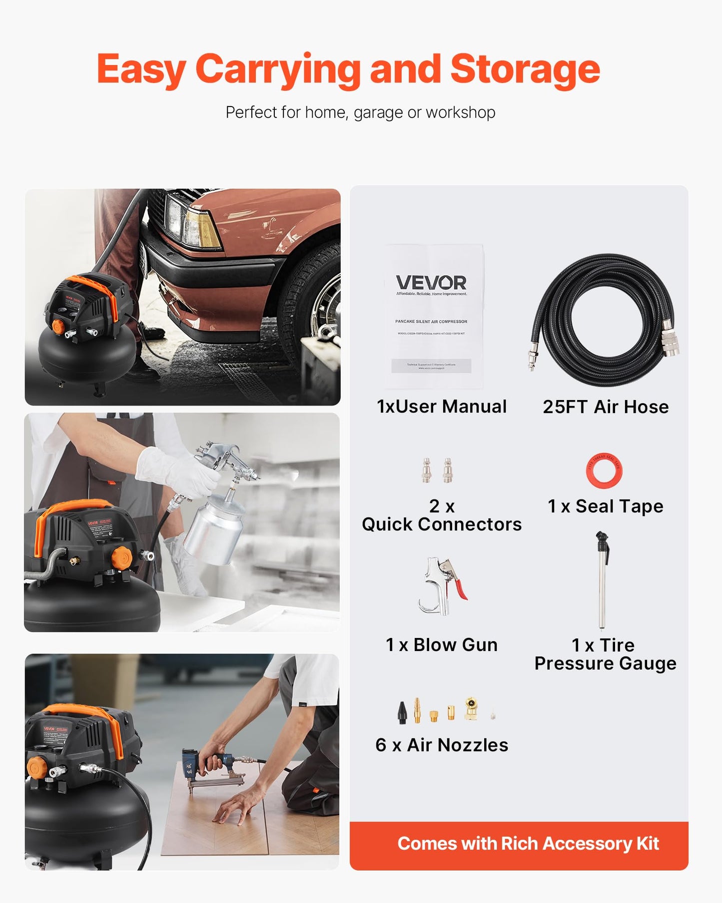 VEVOR 6 Gallon Air Compressor, 1.7HP 2.3CFM@90PSI Portable Pancake Air Compressor & 150PSI Max Pressure, 12-Piece Accessory Kit with 25FT Air Hose for Tire Inflation, Spray Painting, Woodwork Nailing