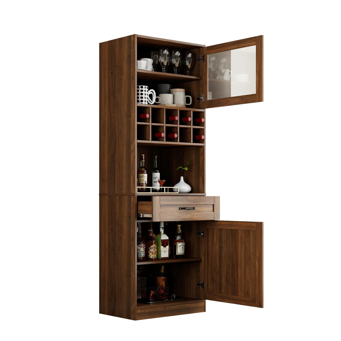 KEIKI 70.87" H Tall Kitchen Pantry Wine Bar Storage Cabinet with Countertop, Wine Rack, Glass Doors, Drawers, Wood Freestanding Hutch Food Pantries Cupboard for Coffee, Dining Living Room