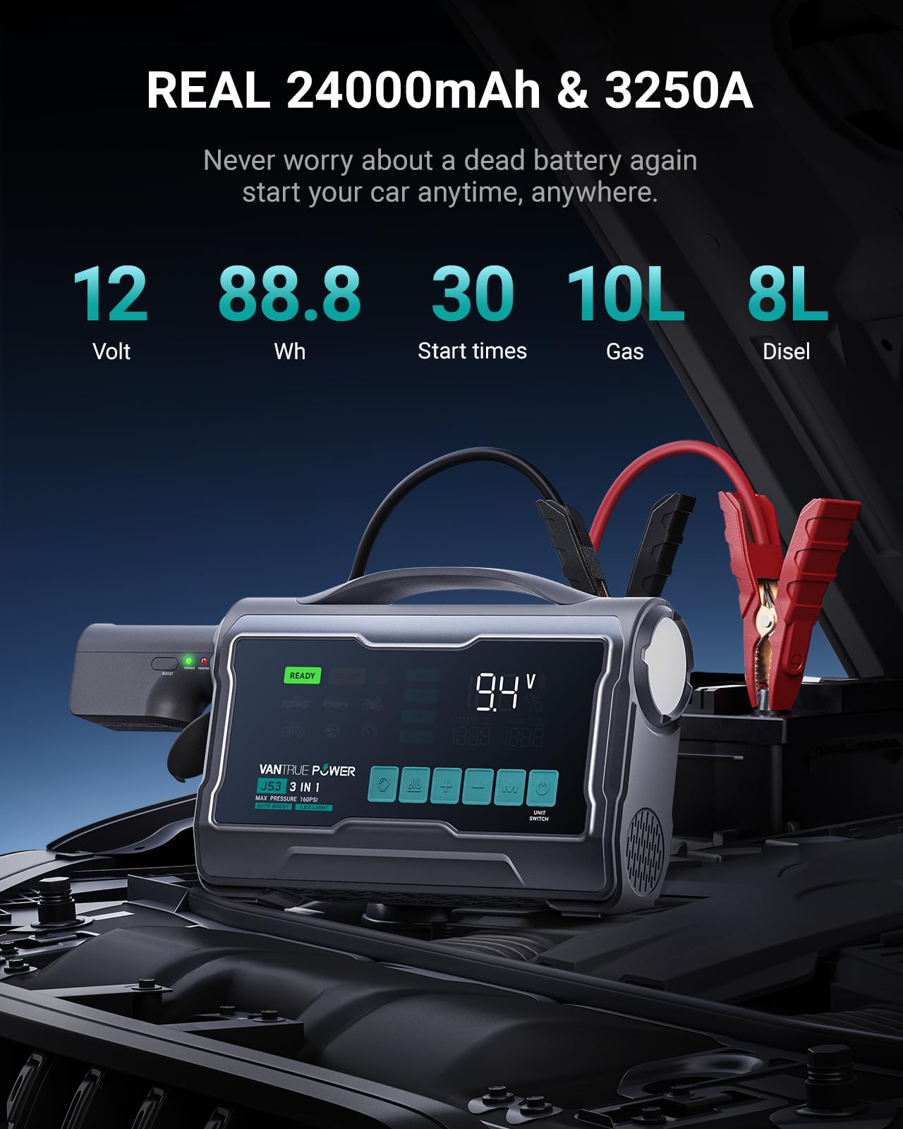 VANTRUE POWER JS3 Real 3250A Jump Starter with Air Compressor 160PSI, 12V Car Battery Booster with Display, Jump Box with Light, Support 65W Fast Charging Power Bank, 10L Gas/8L Diesel Engines