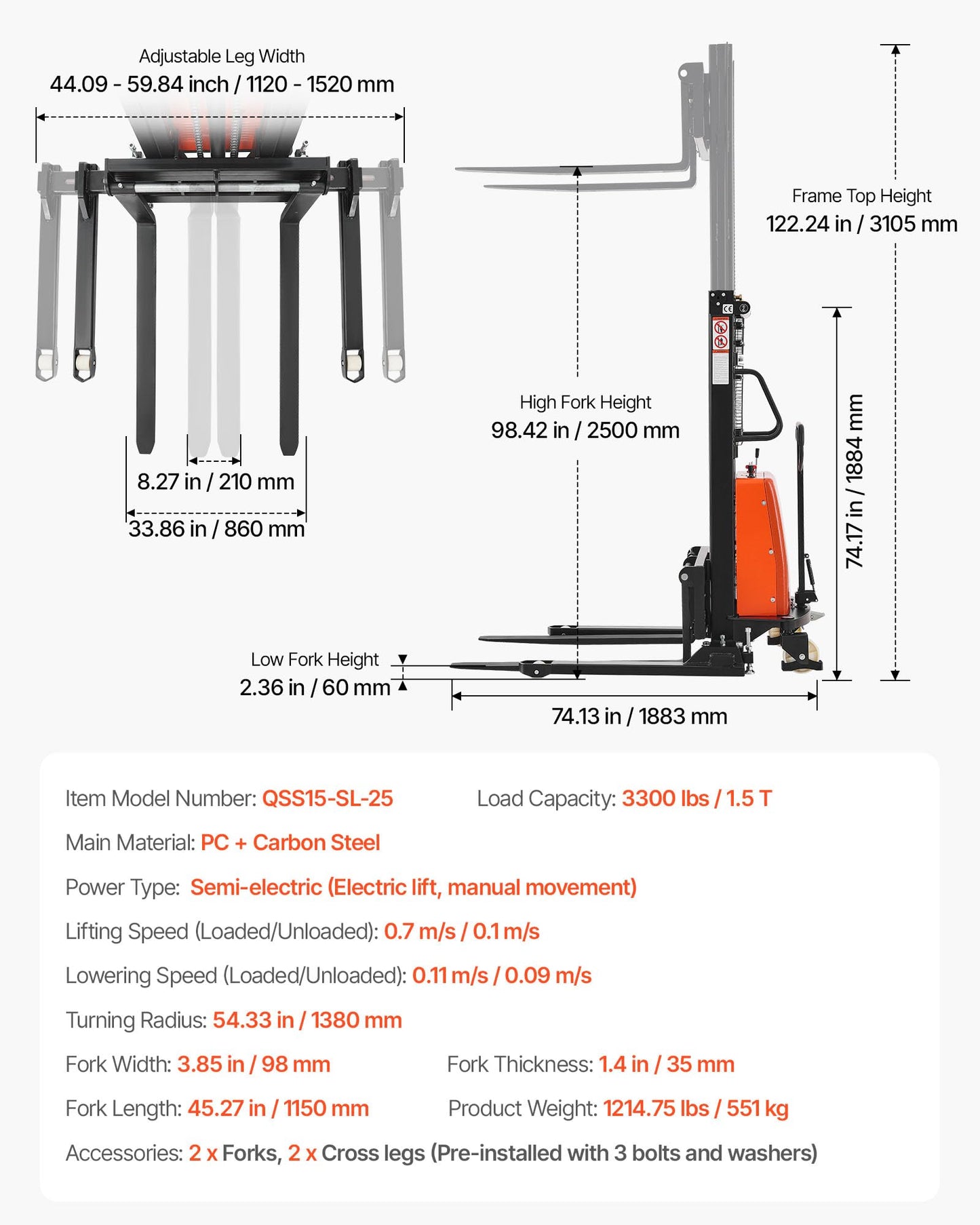 VEVOR Semi Electric Pallet Stacker, 3300 lbs Capacity, 98.42'' Lifting Height, Pallet Lift Stacker Forklift with Straddle Legs & Forks, 8.66-31.1 Inches Adjustable Fork Width, Orange & Black