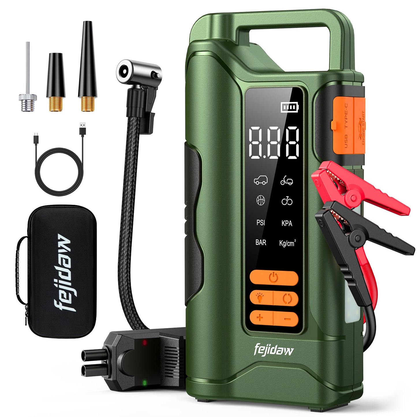 Jump Starter with Air Compressor,6000A Car Battery Jumper Starter, 20000mAh Battery Jumper Starter Portable for 10L Gas/Diesel Engine with 160PSI Booster,LED Display & Light,Jumper Cables