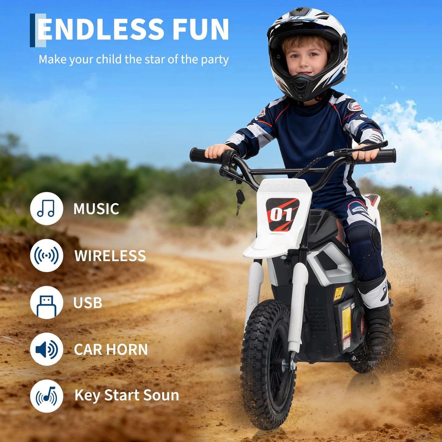 Garvee 24V Kids Electric Dirt Bike - 350w Kids Motorcycle, 13.67 Mph Max Speed Electric Bike for Kid, Rear Wheel Suspension, 12 Miles Range, Twist Grip Throttle, Rubber Tire, White