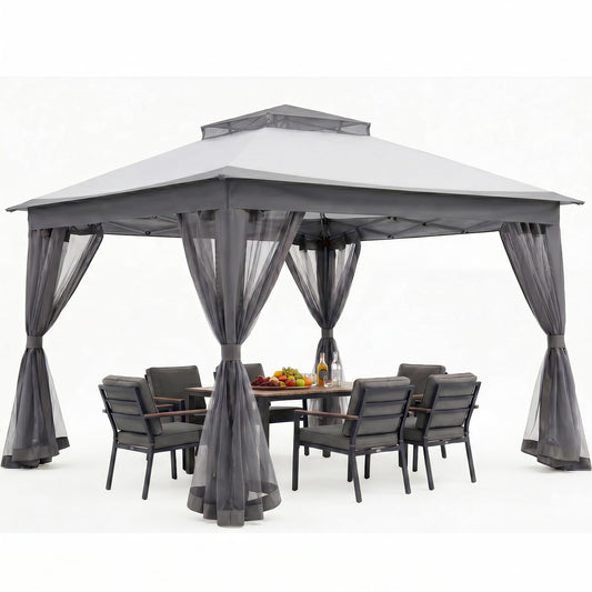 11x11 Pop Up Gazebo, Instant Waterproof Outdoor Canopy Tent with Removable Mesh Netting, UV Protection Portable Sun Shelter with Wheeled Cover Bag for Patio Backyard, Gray