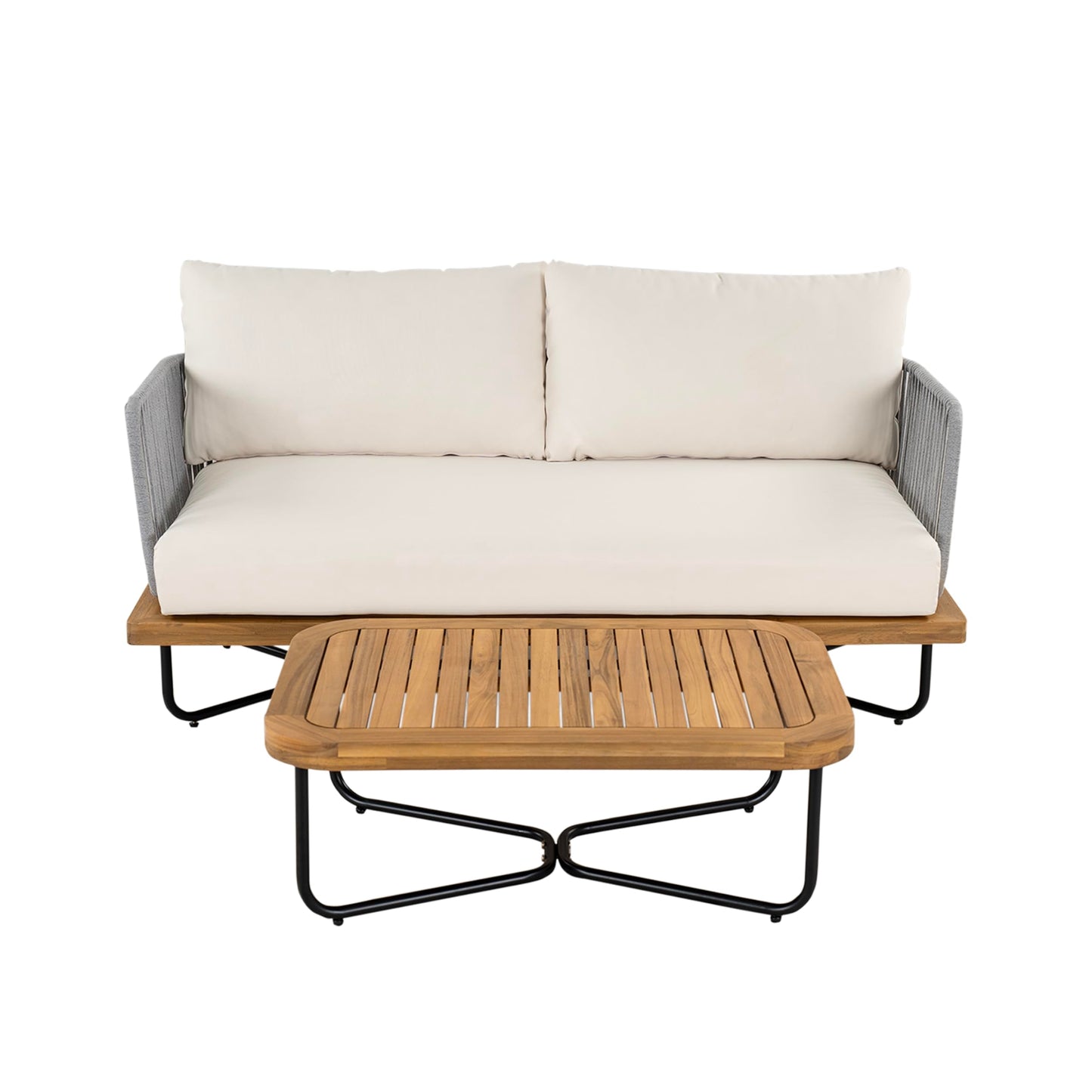 Merax 2 Piece Patio Outdoor Furniture Set, All-Weather Acacia Wood Loveseat Sofa with Cushions, 1 Coffee Table with Sturdy Base for Porch, Lawn, Backyard, Balcony, Beige+Gray