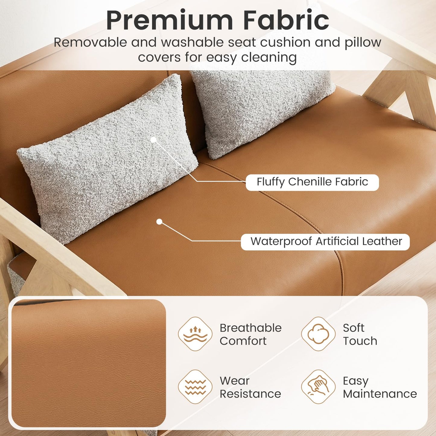 Giantex Loveseat Sofa for Small Spaces, Artificial Leather Armchair with Throw Pillows, Rubber Wood Frame, Padded Seat and Backrest, 2-Seater Couch for Living Room, Bedroom, Office, Lounge (Brown)
