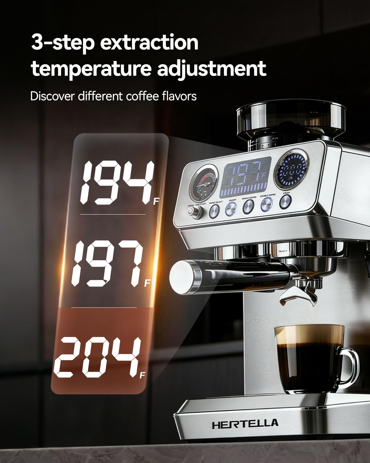 HERTELLA Espresso Machine with Burr Grinder, 20 Bar Visual Pressure Gauge, Milk Frother Steam Wand, Stainless Steel, 4 Temperature Modes (Hot and Cold Brew), Automatic Pressure Release Function
