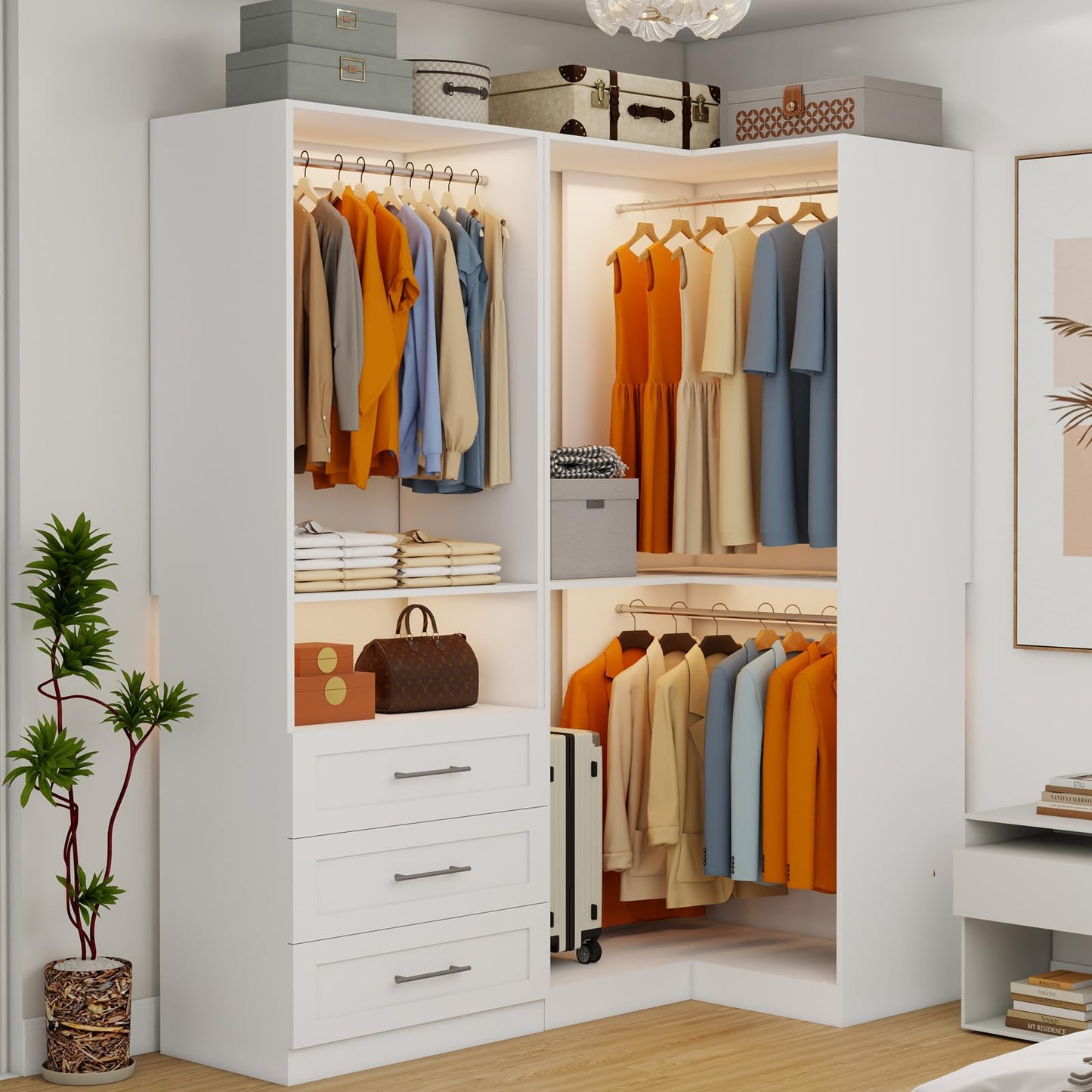 Secilix Closet System with 3 Wooden Drawers, 4.5-6FT Corner Closet Organizer System for Walk in Closet, Heavy Duty Modular Closet Systems, Built-in Shelving System with 5 Hanging Rods, 2-Piece Set