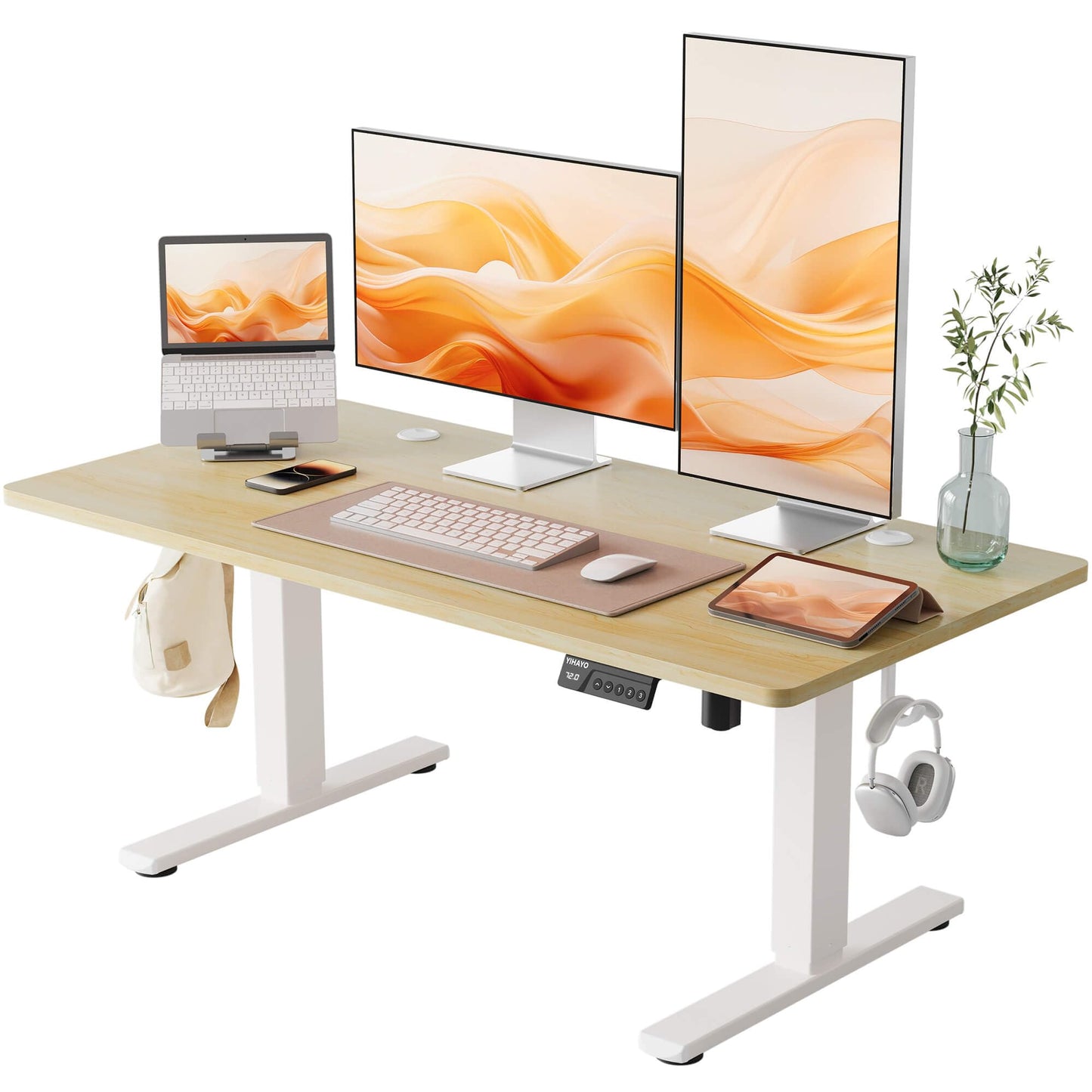 YIHAYO Low Height Adjustable Desk, Lifts 18.1-28.3 Inches, Electric Standing Desk for Short People, 48 x 24 Inches Computer Table with Splice Board for Home Office, Natural