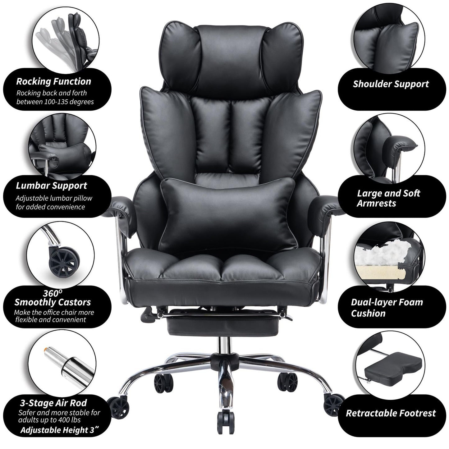Efomao Big and Tall Office Chair 400lbs – High Back Executive Chair with Swivel Base, PU Leather Upholstery, Lumbar Pillow, Padded Armrests, and Rolling Wheels，Black Computer Chair