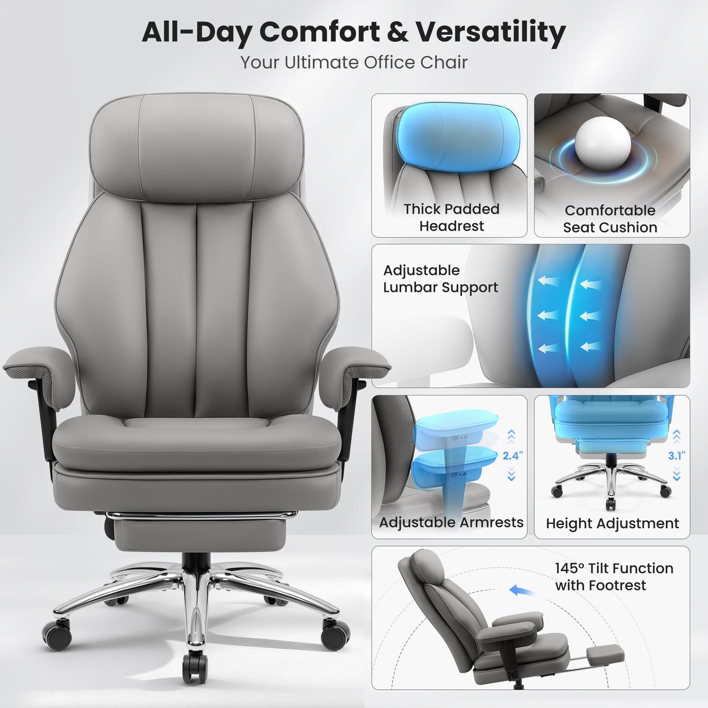 BestGlory Office Chair with Inflatable Lumbar Support & Footrest, Gray