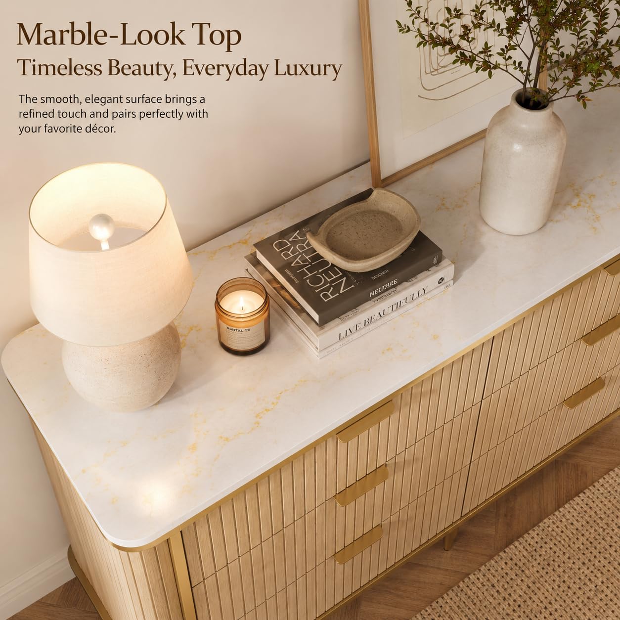 OneBlis 55.1" W 6 Drawer Dresser for Bedroom, Modern Fluted Wood Dresser with Marble-Look Top and Gold Accents, Double Chest of Drawers Storage Cabinet for Closet, Living Room, Entryway, Natural Oak