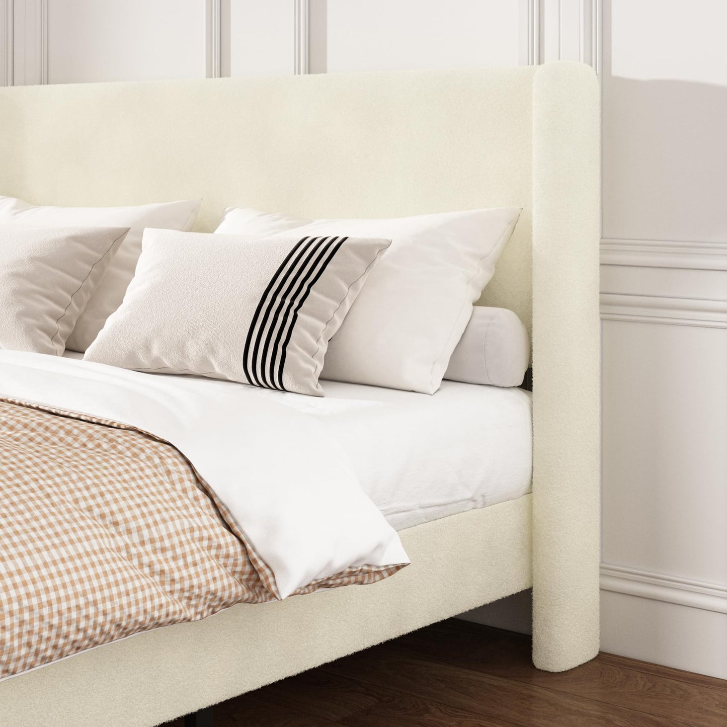 Mxhtcewz Queen Boucle Bed Frame, Platform Bed with Upholstered Wingback Headboard, Strong Wooden Slats Support, Noise-Free, Easy Assembly, No Box Spring Needed, Beige