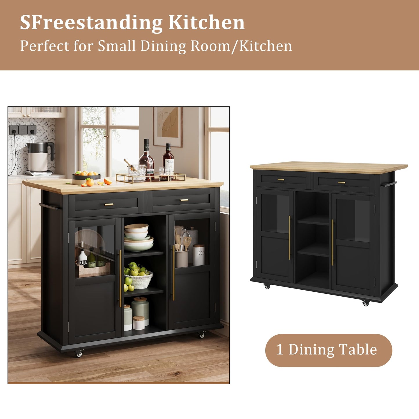 IDEALHOUSE Mobile Kitchen Island Cart with Storage & Drop Leaf - Rolling Kitchen Cabinet with Drawer, Shelf & Spice Rack for Dining Room (Black & Natural)