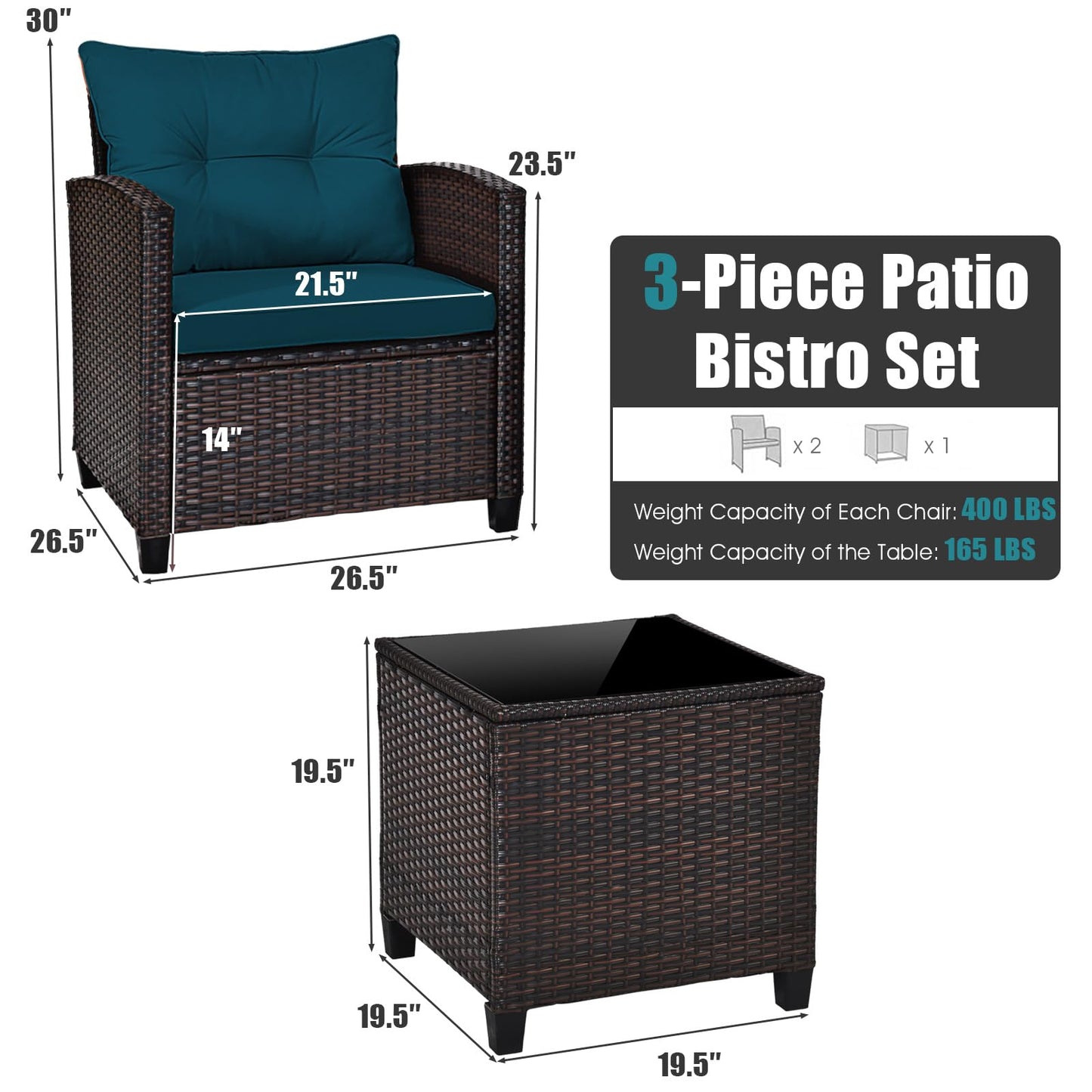 COSTWAY 3PCS Patio Furniture Set, PE Rattan Wicker Sofa w/Washable Cushion and Coffee Table, Tempered Glass Tabletop, Outdoor Conversation Set for Balcony, Porch, Yard, Backyard, Lawn (Blue)
