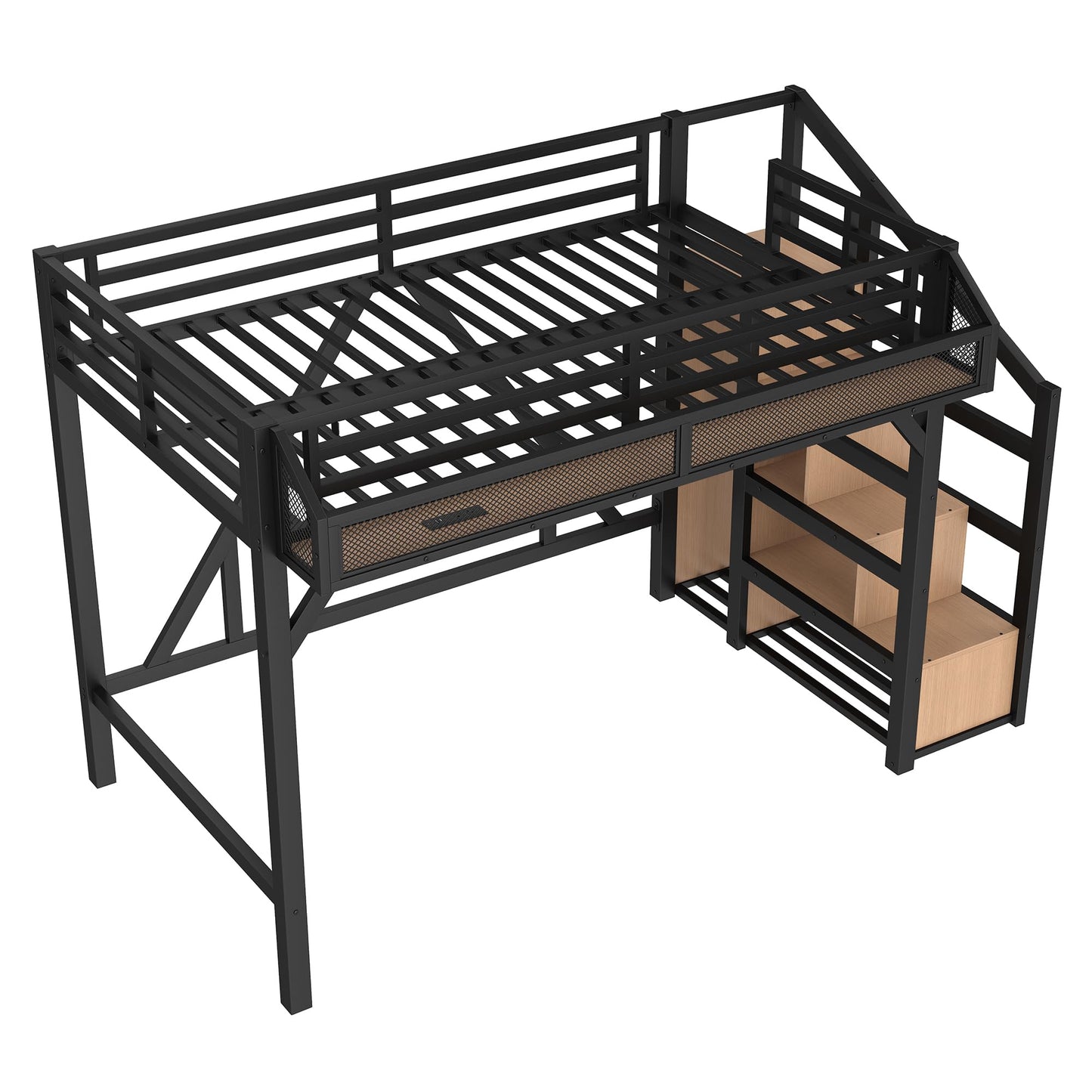 Bellemave Twin XL Size Loft Bed with Stairs and Wardrobe,Heavy Duty Metal Loft Bed Frame with Shelves,LED Lights and Charging Station for for Kids,Teens,Adults,Natural Wood