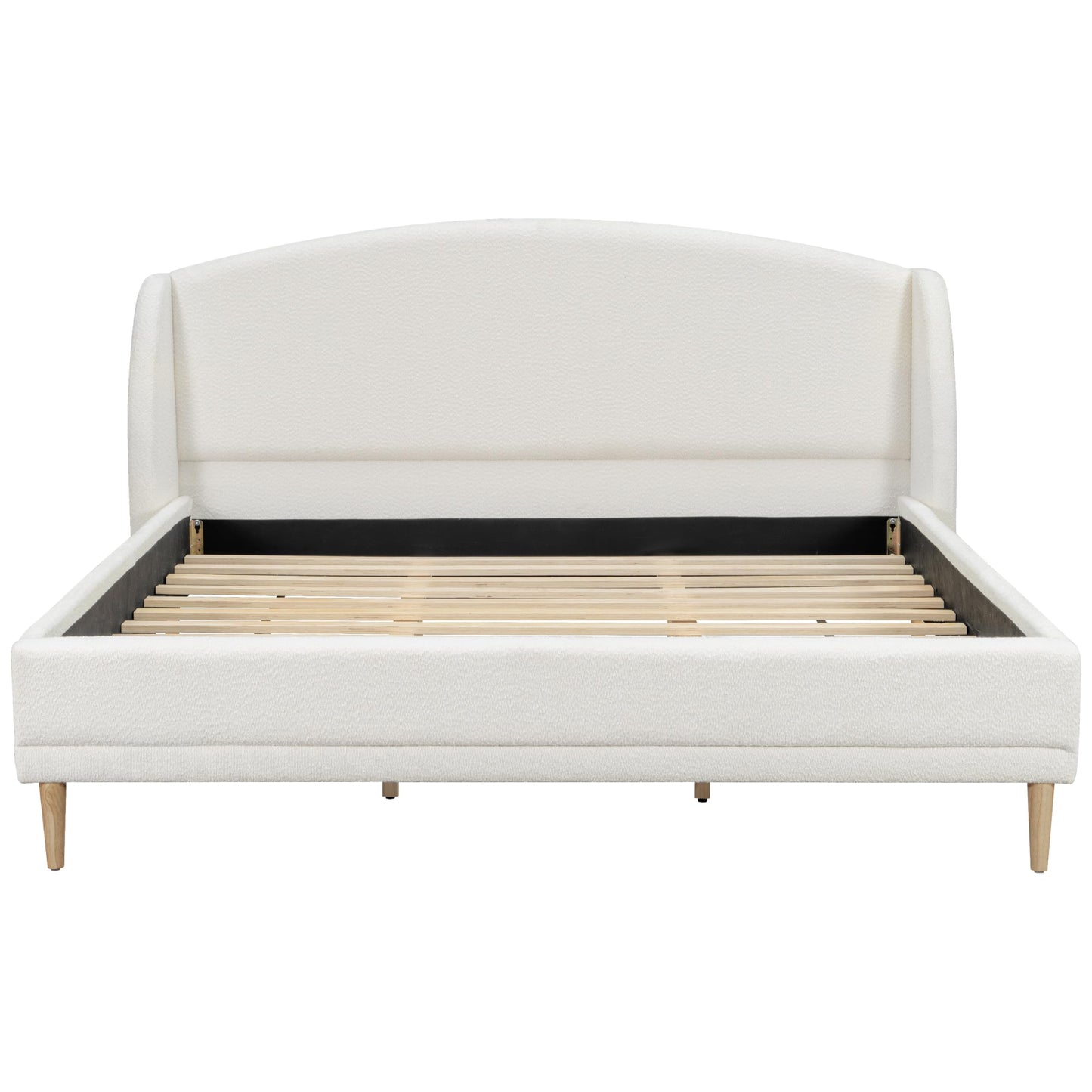 Christopher Knight Home Hazel King Size Bed Frame, Upholstered Platform Bed, Soft Boucle Wingback Headboard, Wood Bed Support and Slats, Curved-Shaped Headboard King Beds for Adult, 45.60" H White