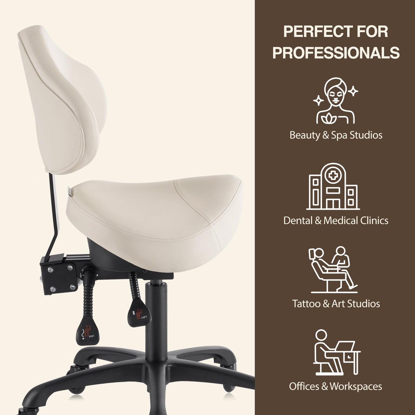 DR.LOMILOMI Pneumatic Swivel Rolling Saddle Chair with Wheels and Ergonomic Back Support for Hair Stylist, Dental Hygienist, Hygienic Clinic, Spa, Massage, Home, Office - 510 KOA