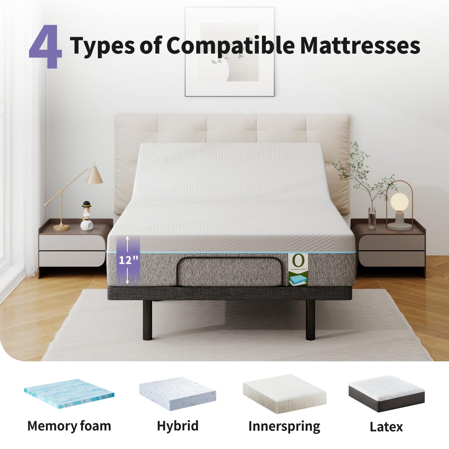 Vipbear Adjustable Bed with Mattress Queen Electric Bed Frame with Head and Foot Incline, Under Bed Light, Adjustable Legs, Zero Gravity Mode, 4 USB Ports, Wireless Remote