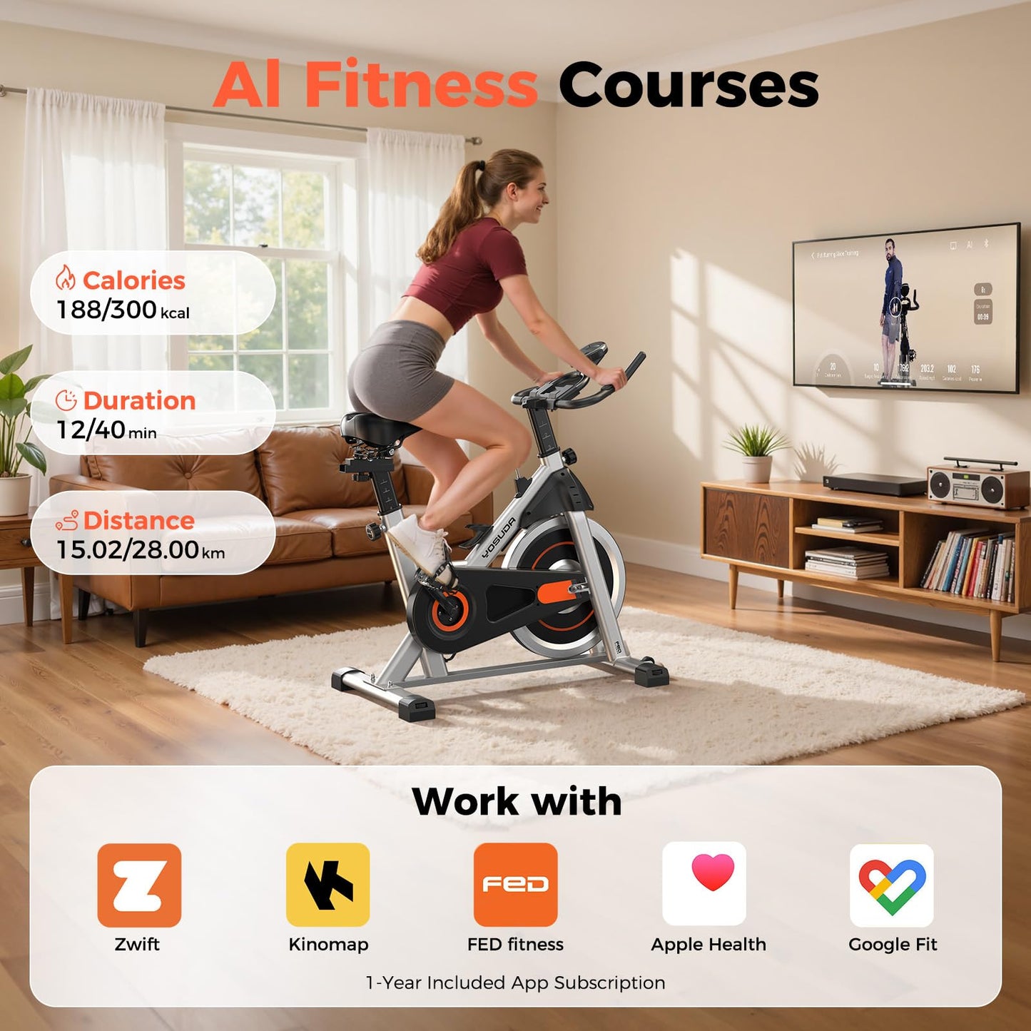 YOSUDA Exercise Bike, Brake Pad Stationary Bike for Home with Exclusive App, Magnetic Indoor Cycling Bike with 300 lb Weight Capacity, Low Noise, Tablet Holder and Fitness Courses for Weight Loss, Friction-Black
