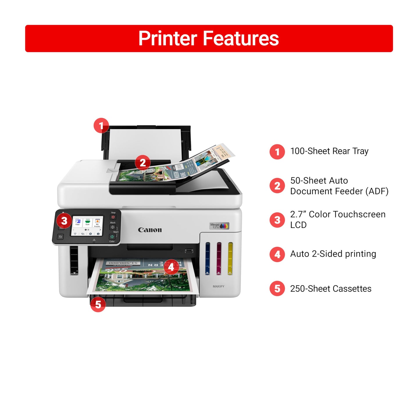 Canon Megatank GX6120 Wireless All-in-One Printer, Print, Scan and Copy, with 2.7" LCD Touch Screen and Auto Document Feeder, White