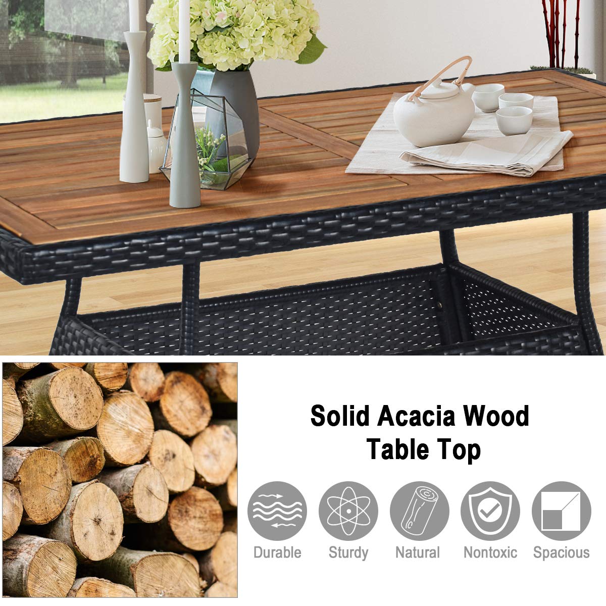 Tangkula 5 Piece Wicker Patio Dining Set, Outdoor Rattan Table & Chairs Set with Padded Cushions, Patio Furniture Dining Acacia Wood Table Set for Balcony Patio Garden Poolside
