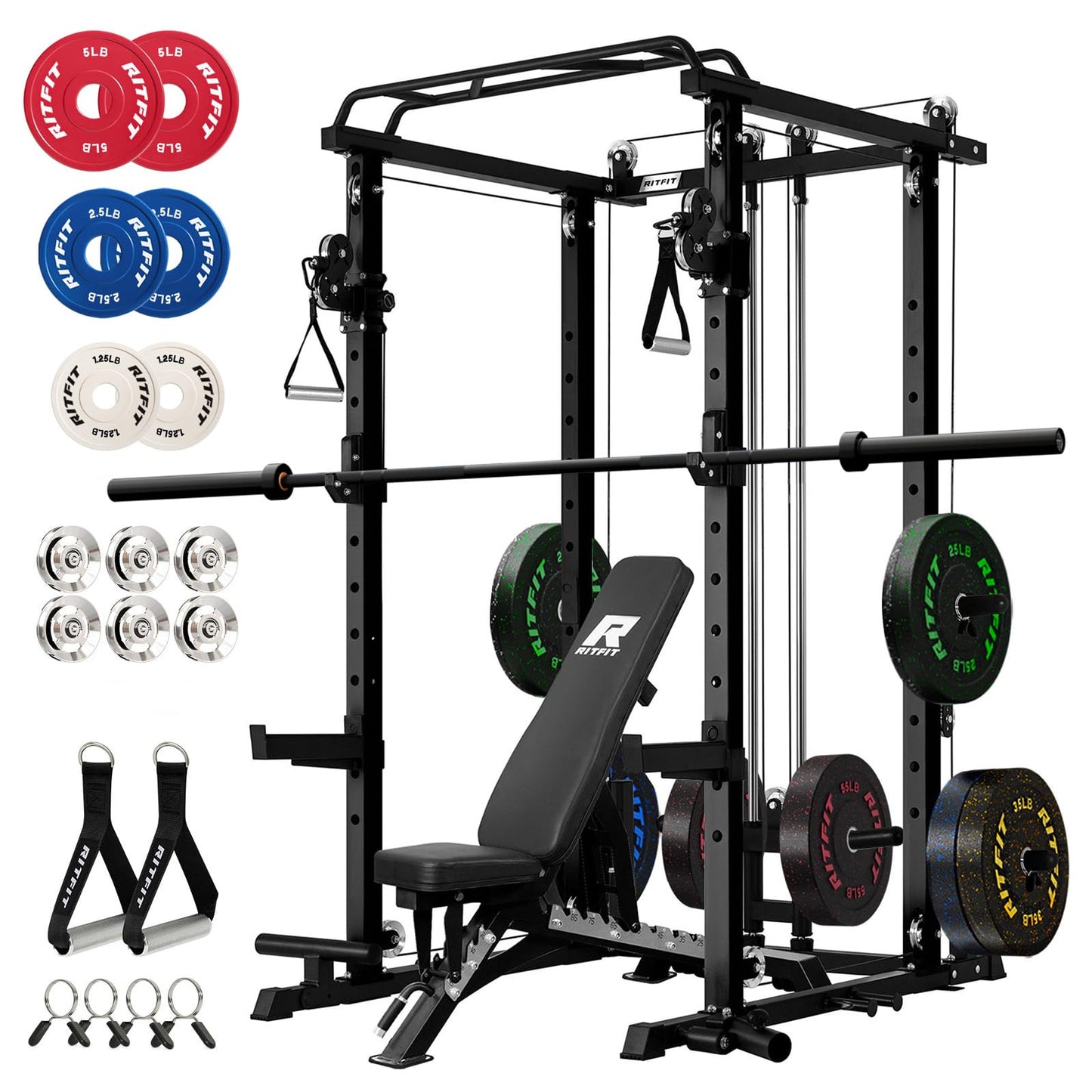 RitFit Squat Rack Power Cage Home Gym Package, Includes 1200LBS Power Rack with Cable Crossover System, Weight Bench, Weight Plate Set with Olympic Barbell (Package 2.0K (Bumper Plate 340LBS))-Black