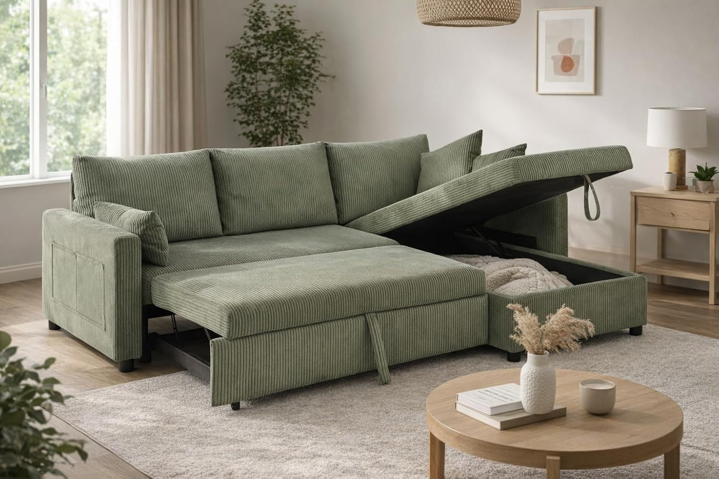 Trygoal Queen Sleeper Sofa, Convertible Sofa Bed with Storage, 85 Inch Sectional Couch with Pull Out Bed, L Shaped 3 Seat Sectional Sleeper Sofa for Living Room, Apartment, Green