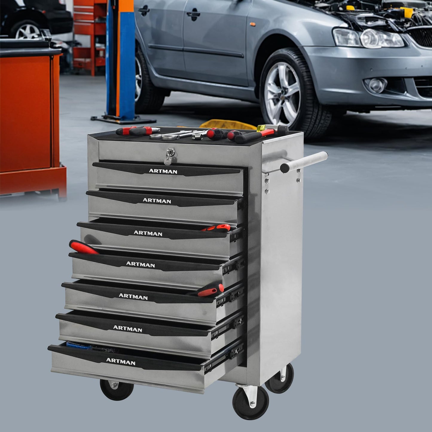 KEIKI Rolling Metal Tool Box with 7 Drawers, 20" Steel Tool Storage Box Organizer, 7 Drawer Tool Chest with Ball Bearing Drawer Slides, Silver