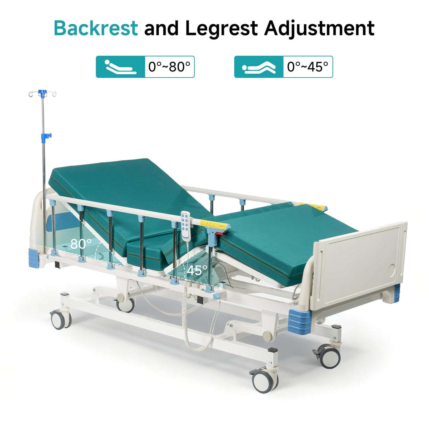 ELENKER Full Electric Hospital Bed for Home Use, ICU Medical Bed, Premium 3 Function Hospital ICU Bed with Remote Control, IV Pole, Mattress, Dining table, Lockable Quiet Casters, Includes Sheets (2X)