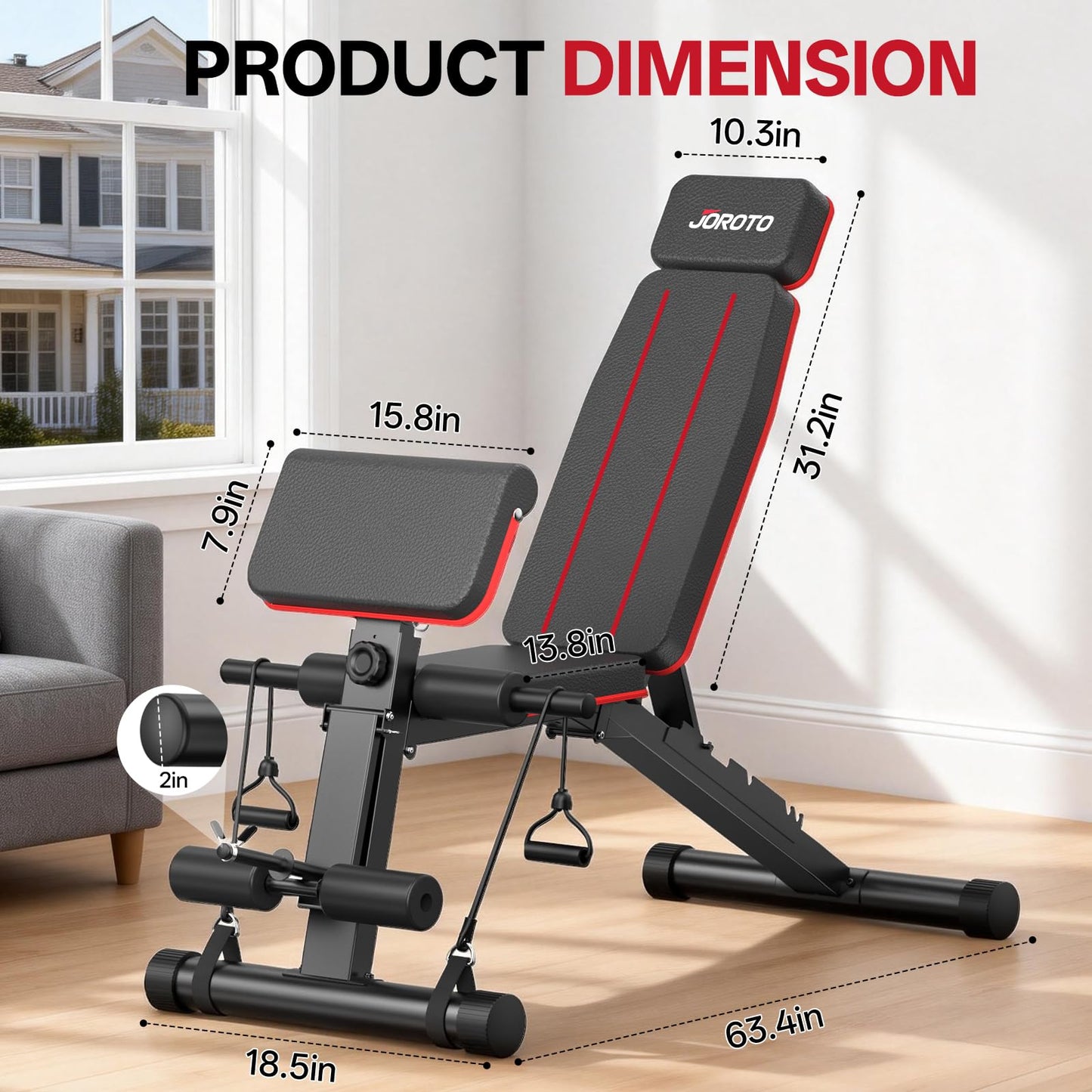 JOROTO Adjustable Weight Bench for Home Gym, 1000 LBS Foldable Incline Decline Flat Workout Bench with Leg Extension & Back Extension, Exercise Preacher Curl Bench for Full Body Training, Red MD55
