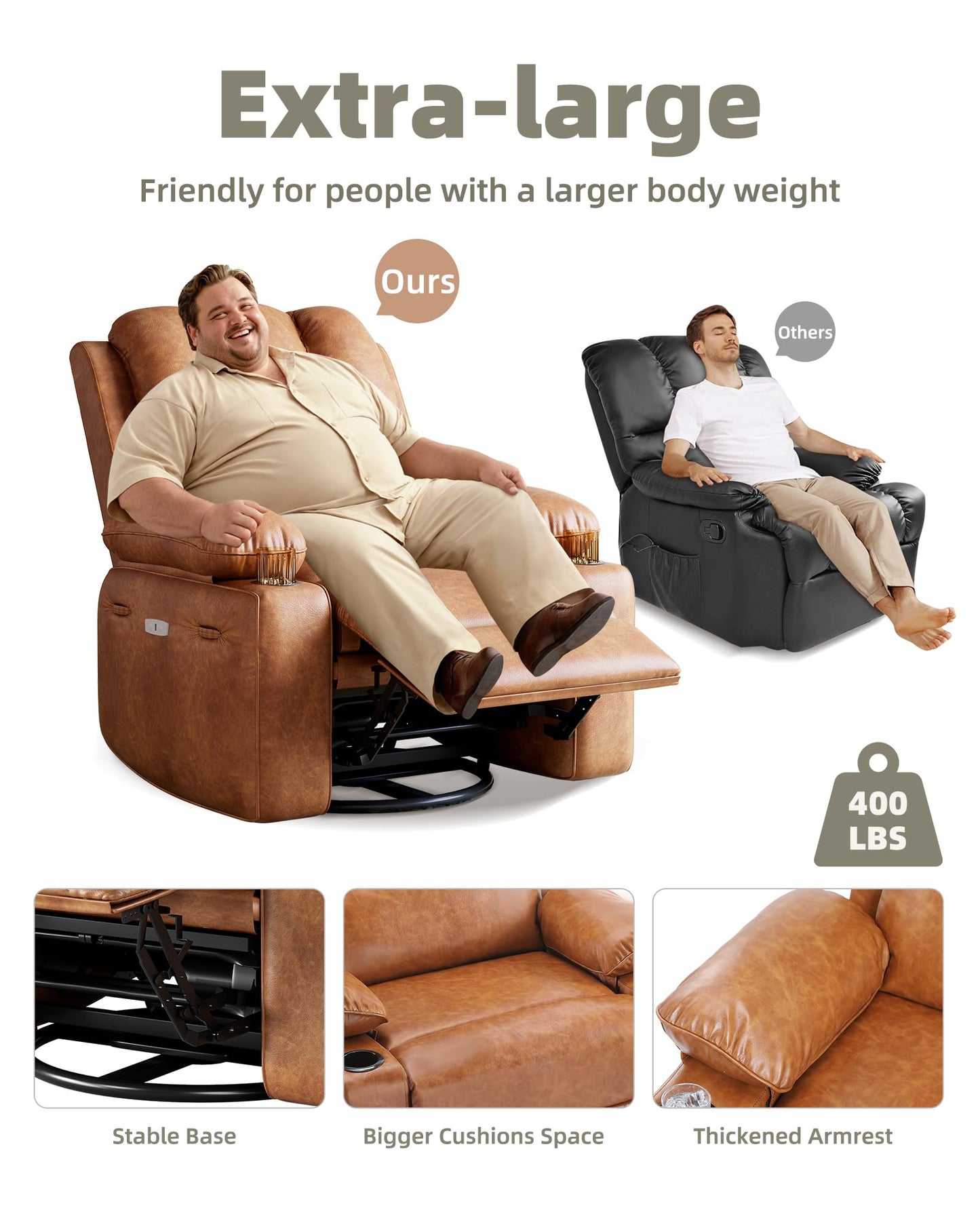 Garvee 27" Power Recliner Chair for Adults with Massage and Heat 360° Swivel Oversized Leather Recliner Chair Large Seat Width with USB Ports & Side Pockets for Living Room Bedroom, Two-Tone Retro
