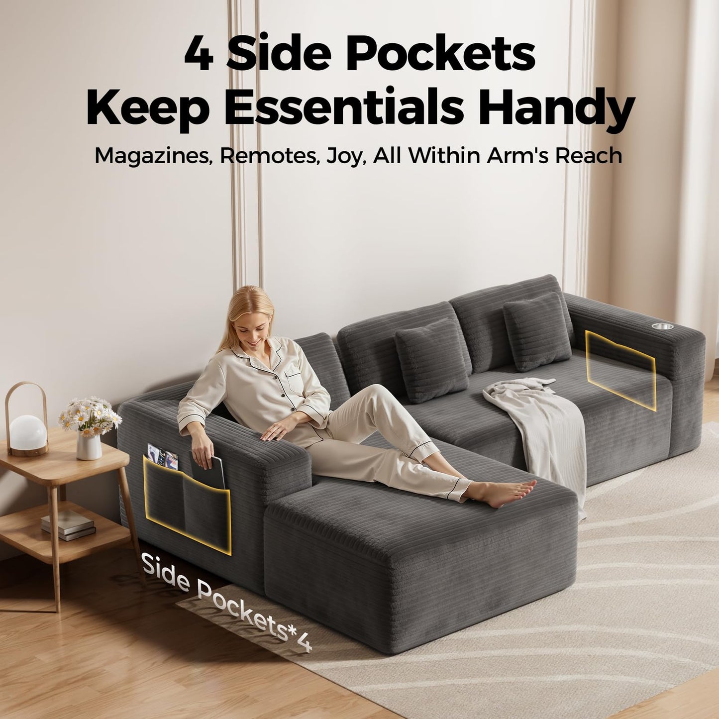 CAMMOO 108” Cloud Sectional Couch in One Box, Compressed Modular Sectional Sofa with Deep Seat, Corduroy Boneless Couches, L-Shaped Sofa for Living Room, 4 Storage Pockets(Left Facing Chaise, Grey)